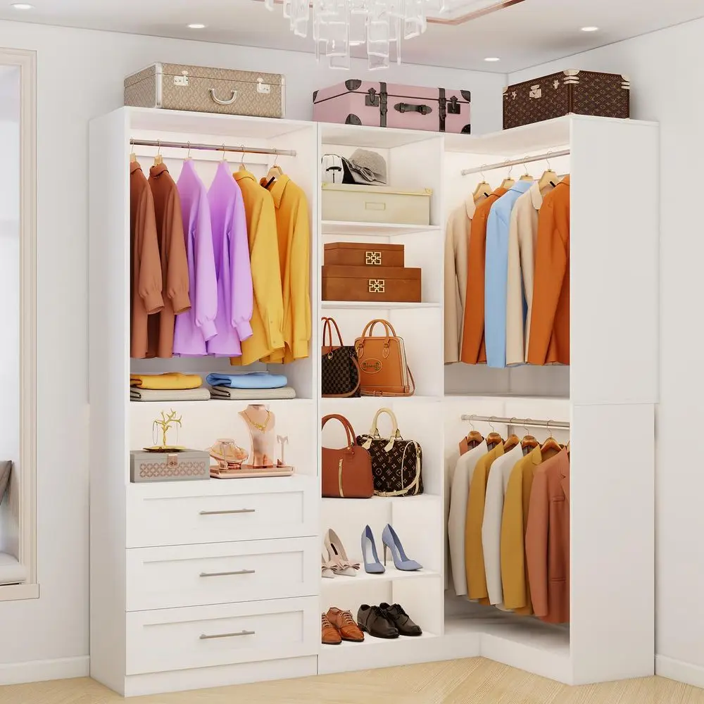 System with 3 Wood Drawers, 58FT Closet Organizer System with Cuttable Shelves for Walk in Closet with 3 Expandable Hanging Rod