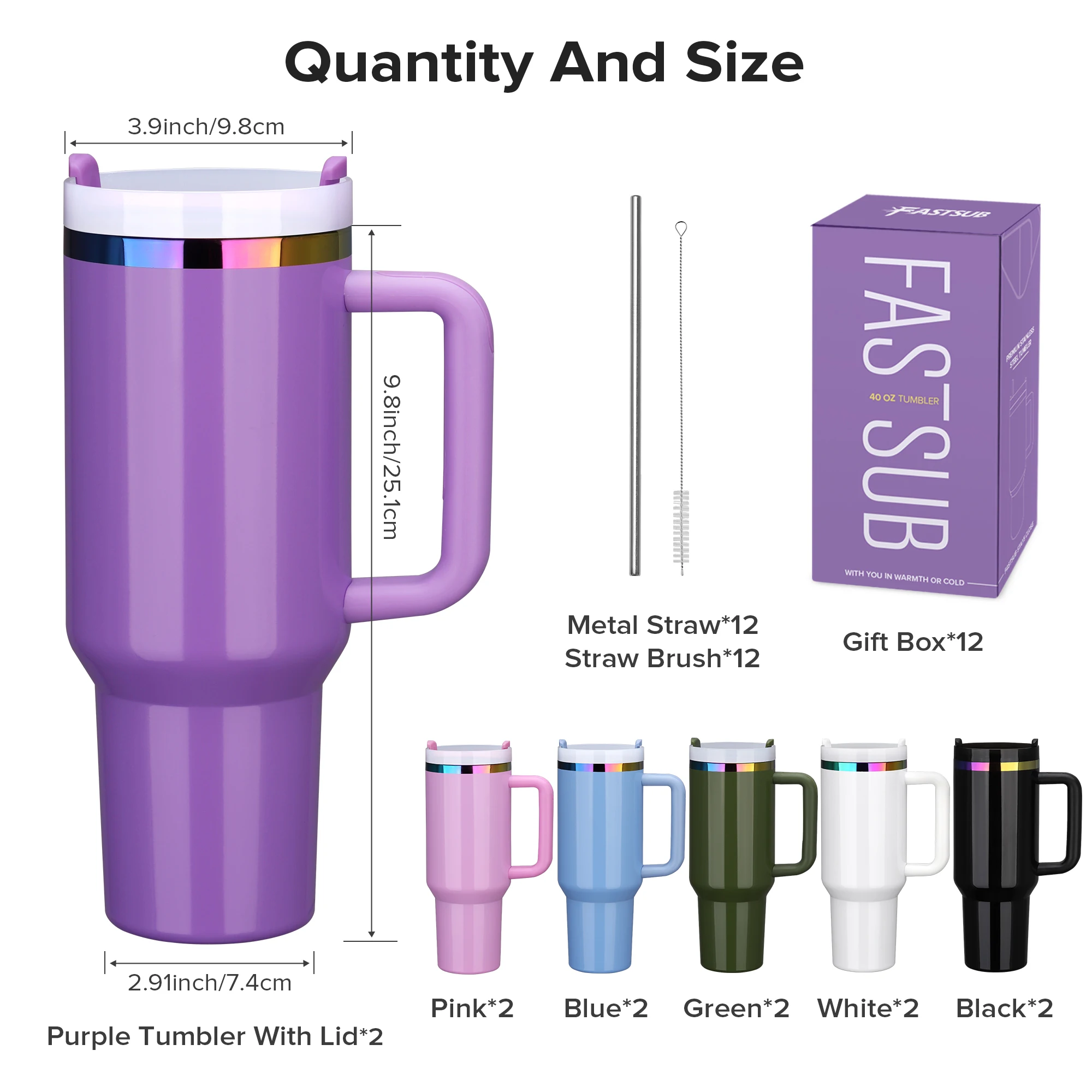 12 Pack 40 oz Rainbow Coating Stainless Steel Leak-proof Thermal Tumbler, for Laser Engraving, Hot and Cold