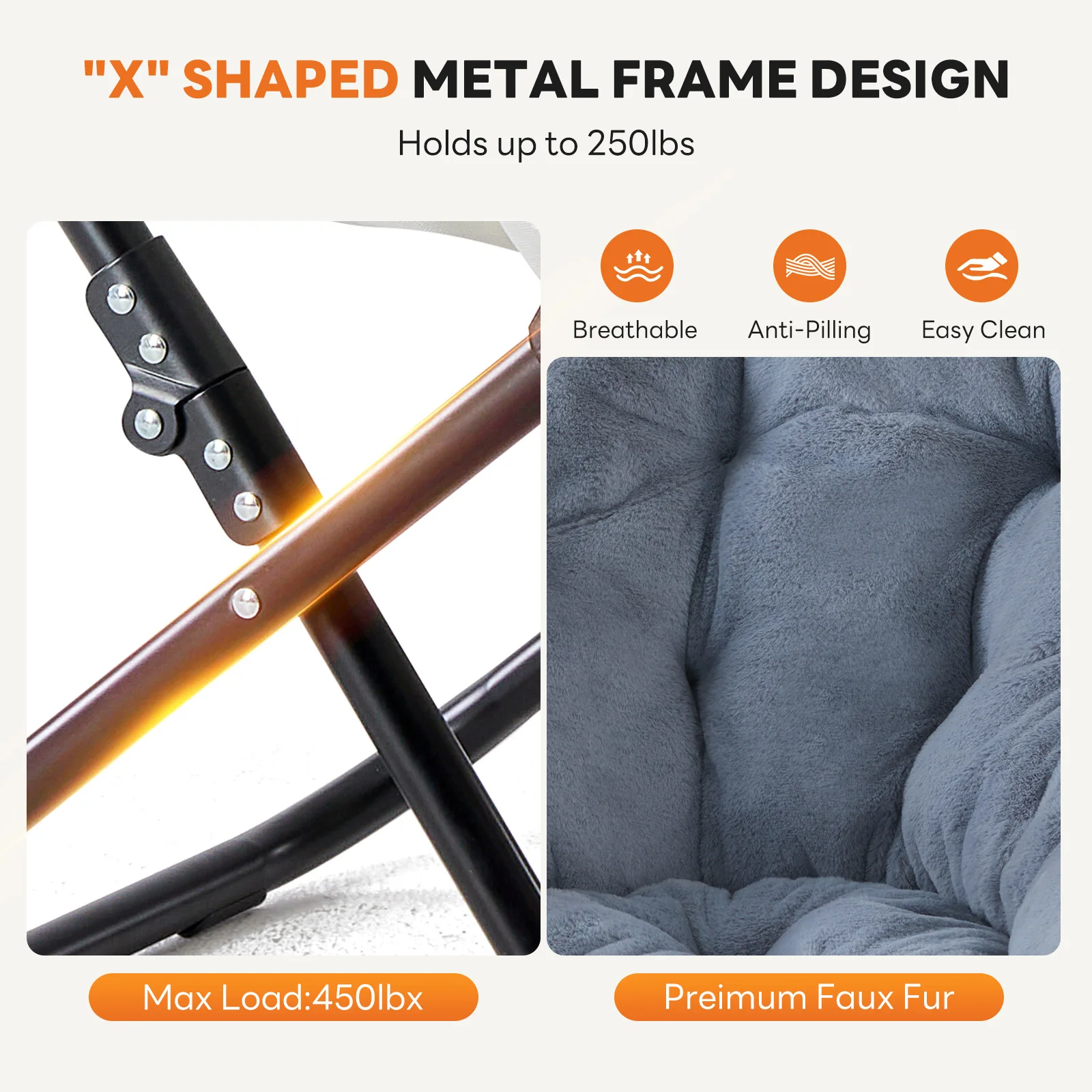MCQ Faux Fur Ergonomic Foldable Office Chair X-shaped Metal Frame Soft Cushion Lumbar Support Heavy Capacity 450LBS For Office