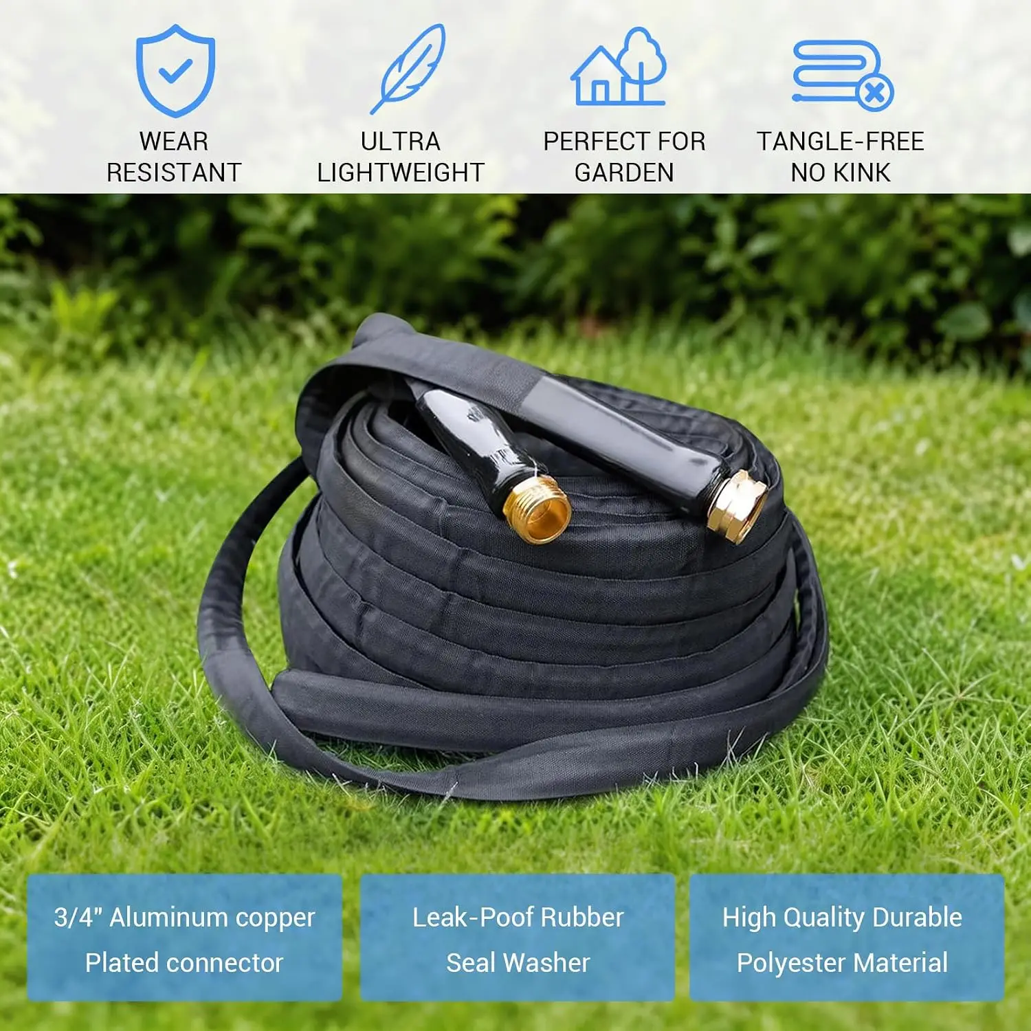 Garden Hose 25/50/75/100FT, Non-Expandable Fabric Covered Water Hose With 3/4" Fittings, Kink-Free For Outdoor Use