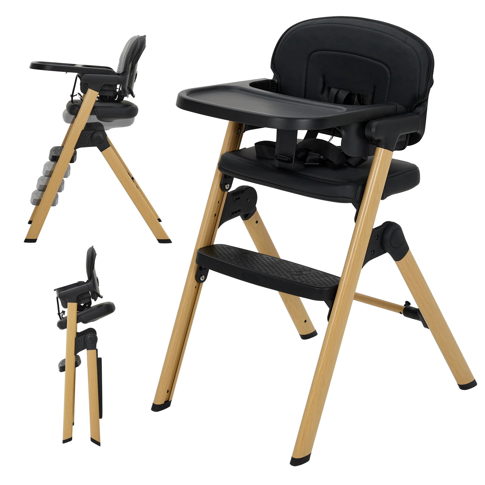 Baby High Chair for Babies Toddlers, Foldable Portable Highchair, Toddler Feeding Seat, Easy Clean Waterproof Cushion, Removable Tray, Adjustable Footrest, Black Wood Grain Legs
