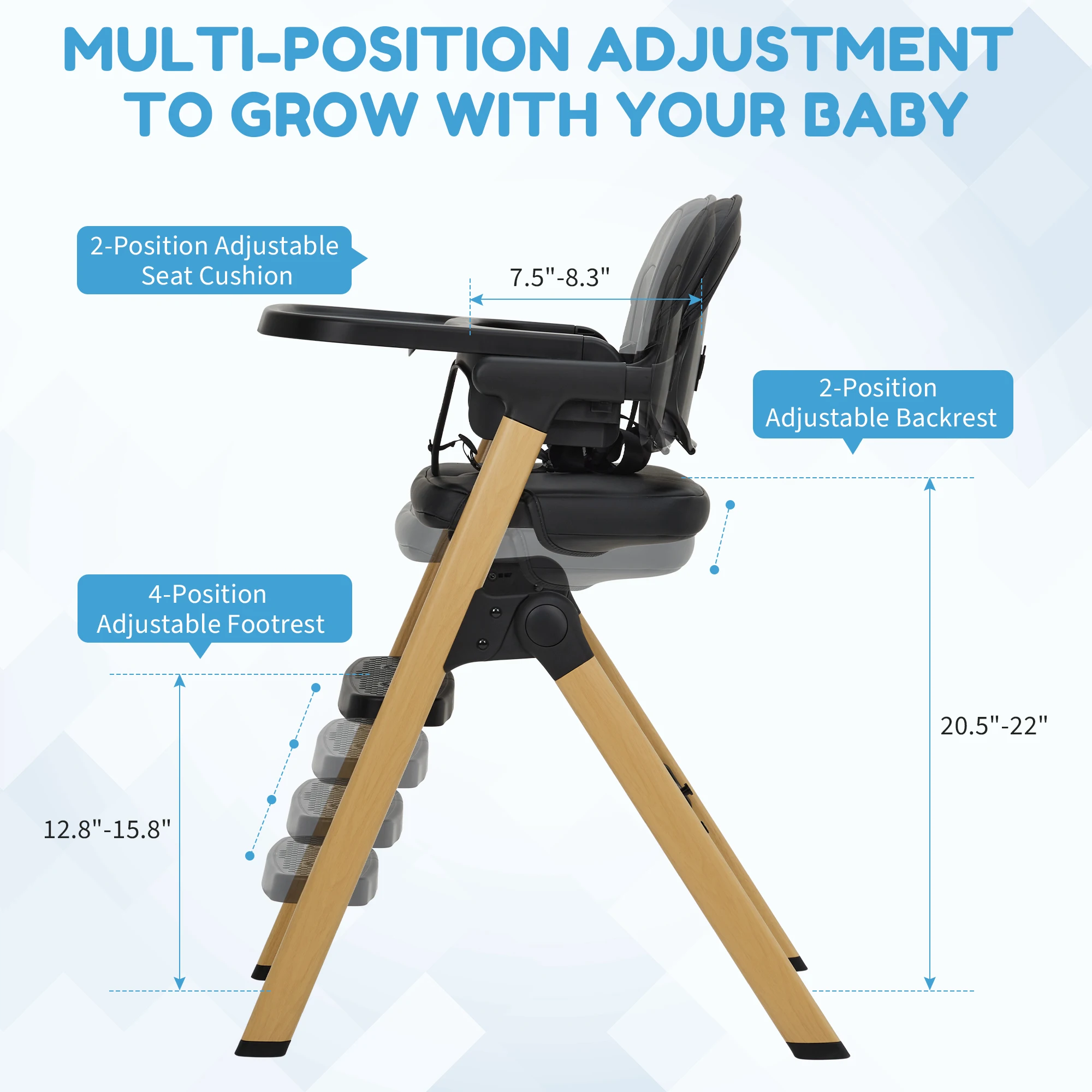 Baby High Chair for Babies Toddlers, Foldable Portable Highchair, Toddler Feeding Seat, Easy Clean Waterproof Cushion, Removable Tray, Adjustable Footrest, Black Wood Grain Legs