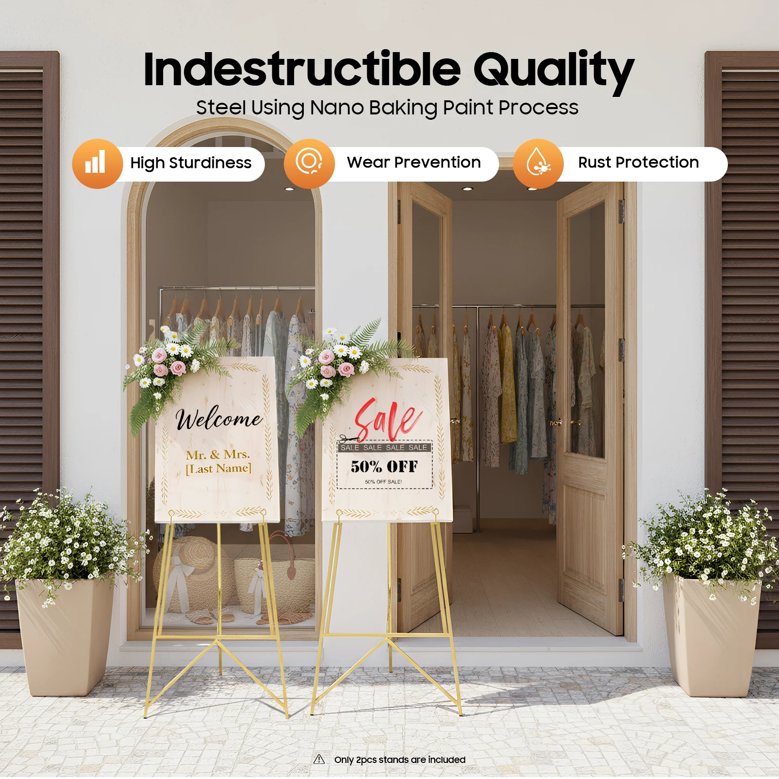 2Pack Gold Easel Stand Display Frame Holder Heavy Duty Steel Poster Rack Adjustable Tilt Chain Hooks for Wedding Photo Art Show Party Sign Advertising