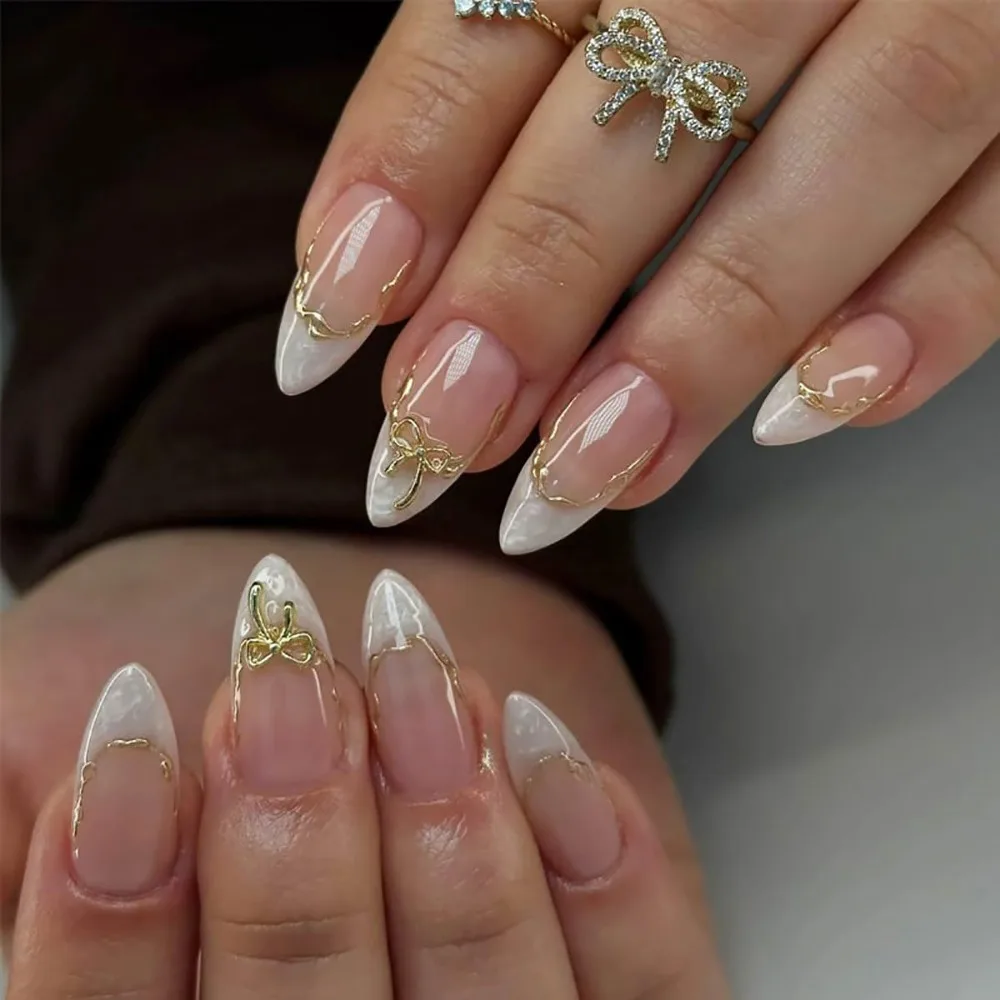 24pcs Medium Almond French Tip Press-On Nails with Gold Bow Rhinestones Design for Women DIY Manicure