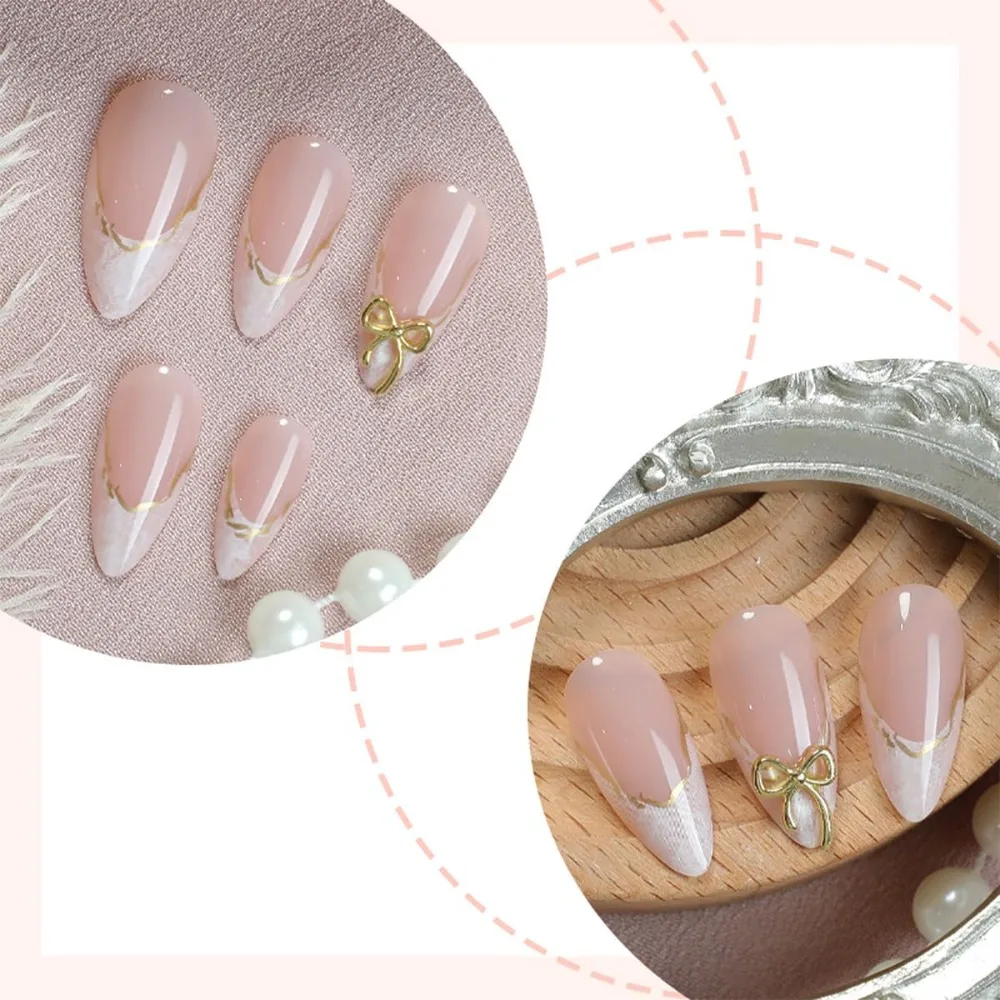 24pcs Medium Almond French Tip Press-On Nails with Gold Bow Rhinestones Design for Women DIY Manicure