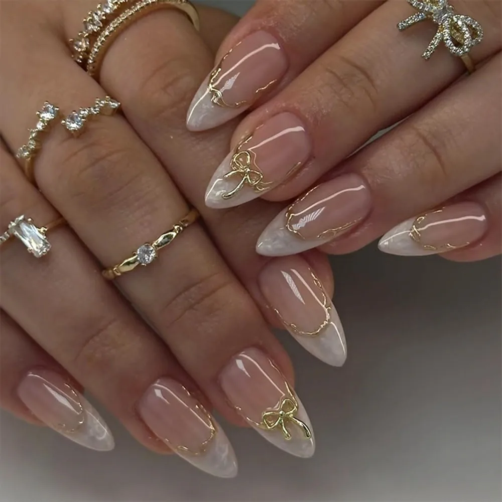 24pcs Medium Almond French Tip Press-On Nails with Gold Bow Rhinestones Design for Women DIY Manicure