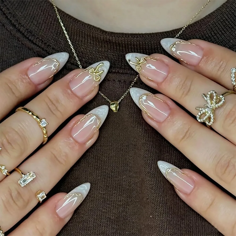 24pcs Medium Almond French Tip Press-On Nails with Gold Bow Rhinestones Design for Women DIY Manicure