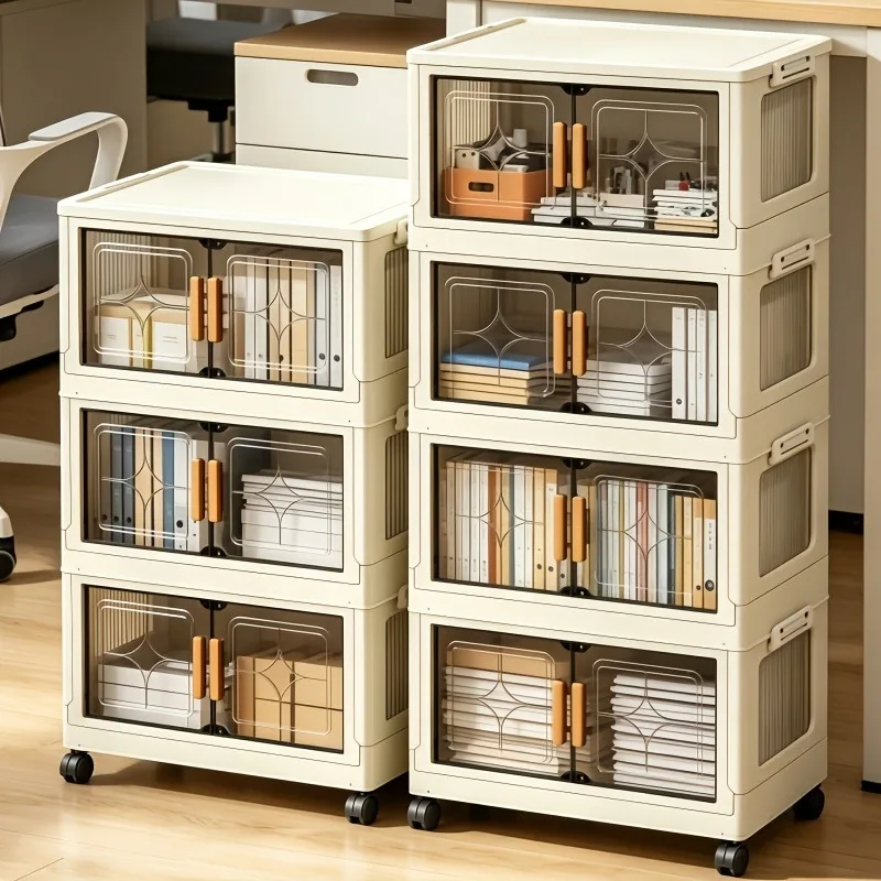 18.5in cream white foldable stackable storage cabinet, no assembly needed, foldable modular plastic storage box with transparent double doors and handles, lockable 360° rotating casters, side connectors to keep dust out and make storage visible, perfect f