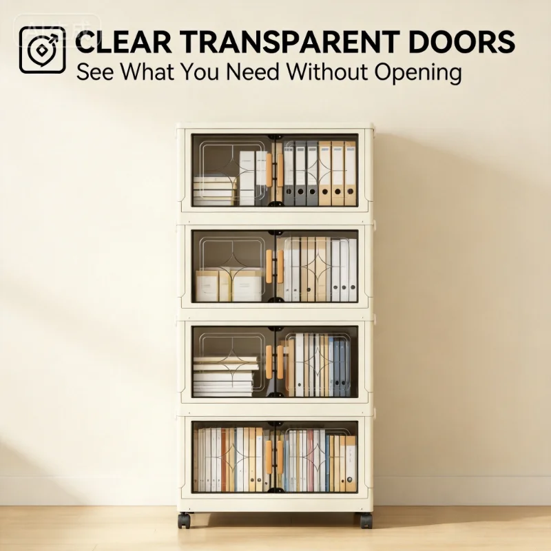 18.5in cream white foldable stackable storage cabinet, no assembly needed, foldable modular plastic storage box with transparent double doors and handles, lockable 360° rotating casters, side connectors to keep dust out and make storage visible, perfect f
