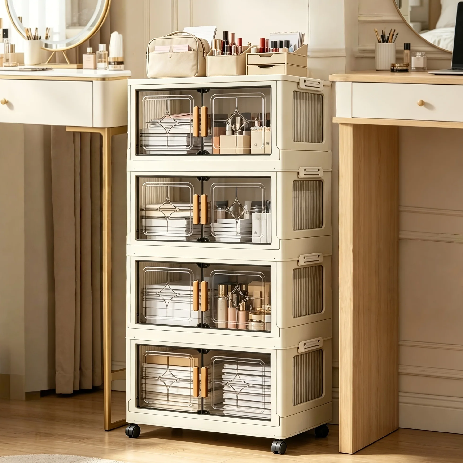 18.5in cream white foldable stackable storage cabinet, no assembly needed, foldable modular plastic storage box with transparent double doors and handles, lockable 360° rotating casters, side connectors to keep dust out and make storage visible, perfect f