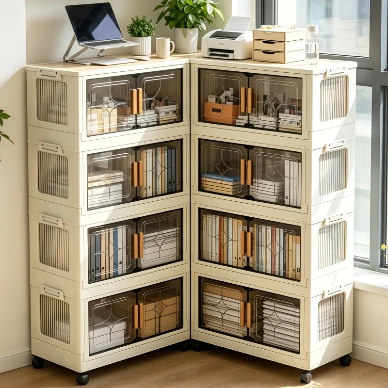 18.5in cream white foldable stackable storage cabinet, no assembly needed, foldable modular plastic storage box with transparent double doors and handles, lockable 360° rotating casters, side connectors to keep dust out and make storage visible, perfect f