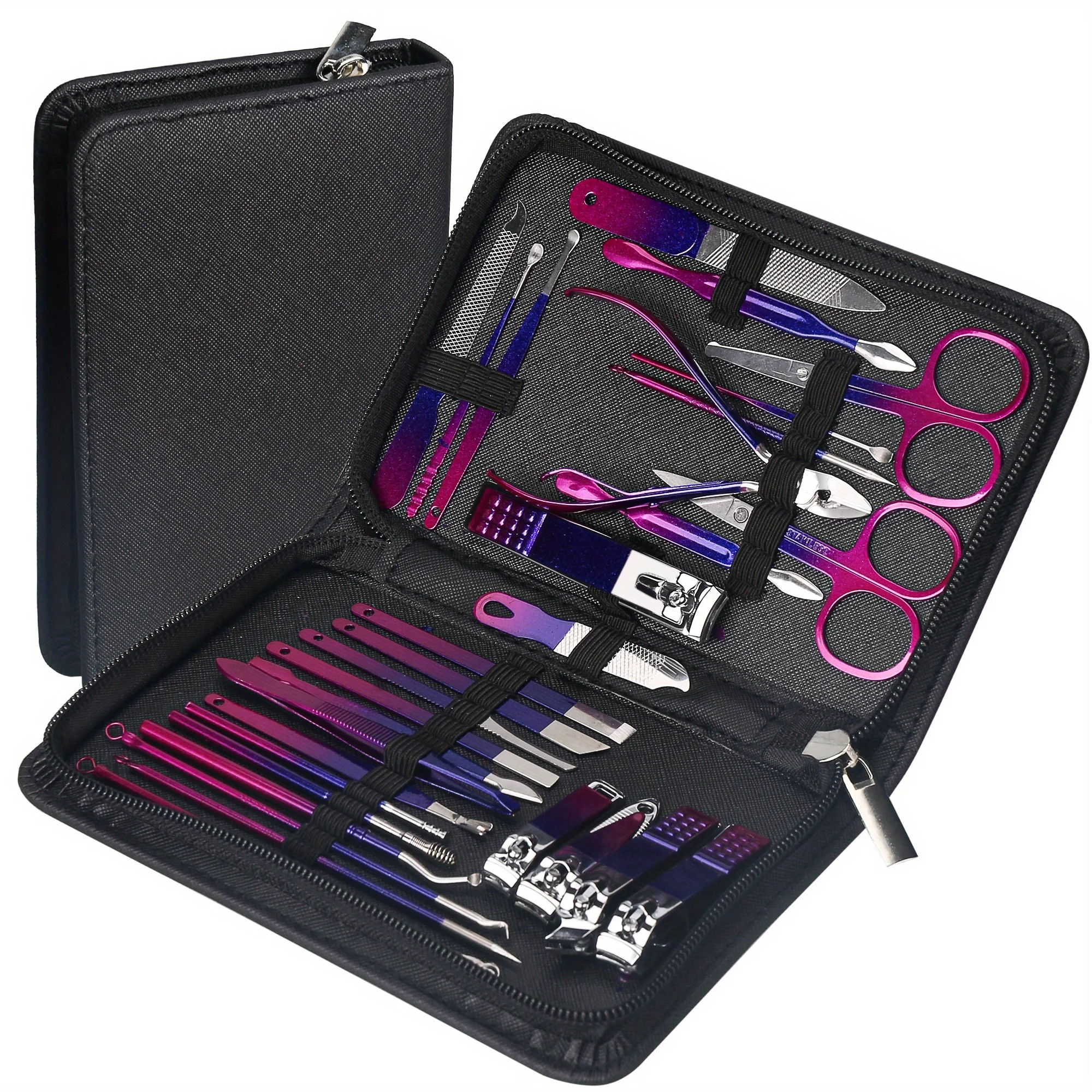 26Pcs Red Blue Gradient Nail Clipper Manicure Set Stainless Steel Nail File Cuticle Trimmer Kit Portable Storage Box Gift Manicure Pedicure Tools