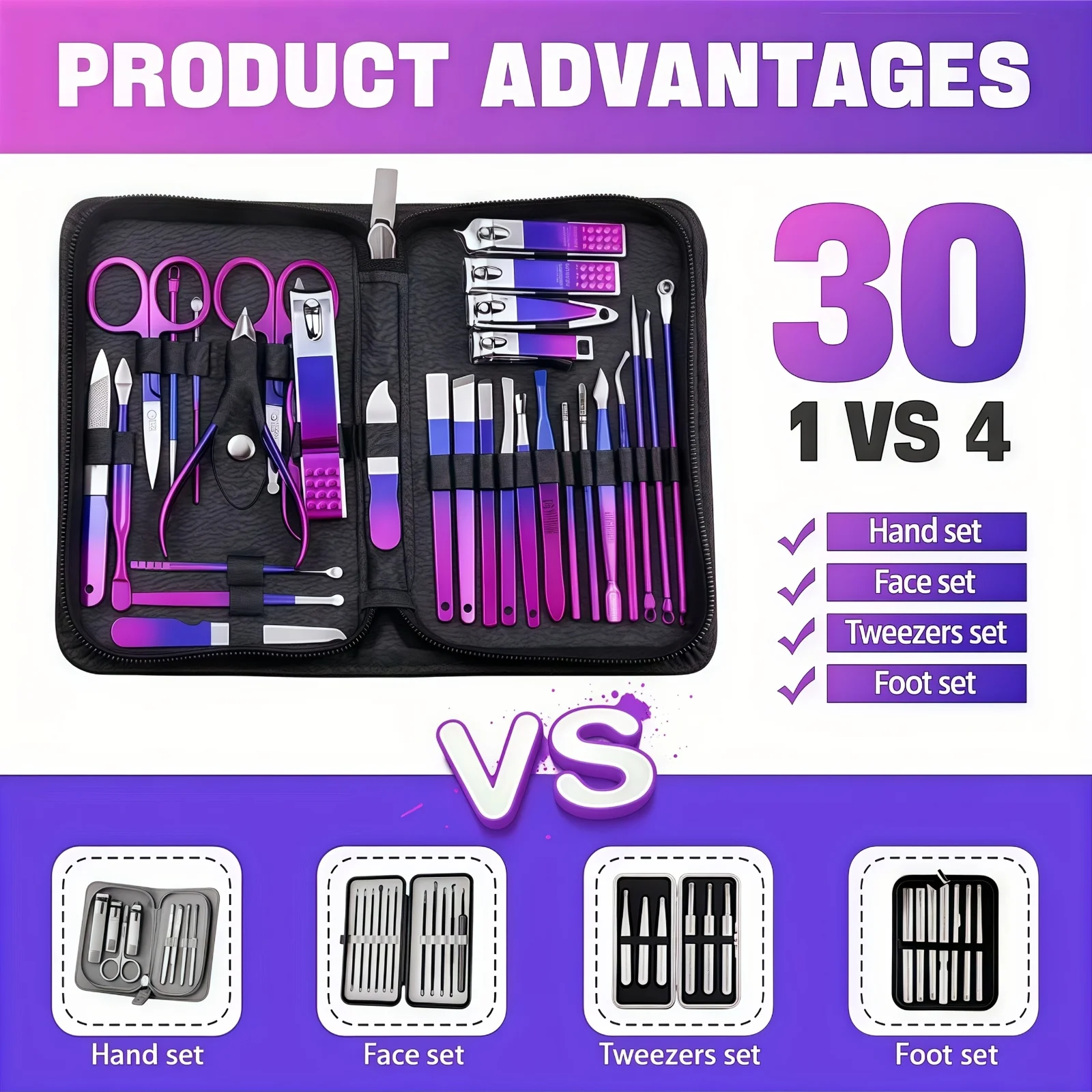 26Pcs Red Blue Gradient Nail Clipper Manicure Set Stainless Steel Nail File Cuticle Trimmer Kit Portable Storage Box Gift Manicure Pedicure Tools