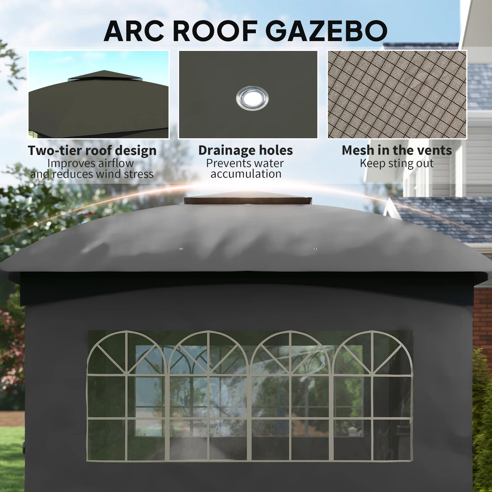 11' X 11' Outdoor Gazebo with Curtains, Church Windows Dark Gray