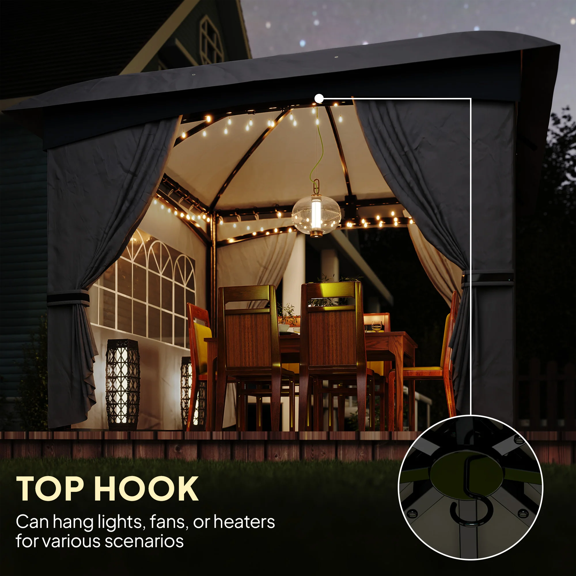 11' X 11' Outdoor Gazebo with Curtains, Church Windows Dark Gray