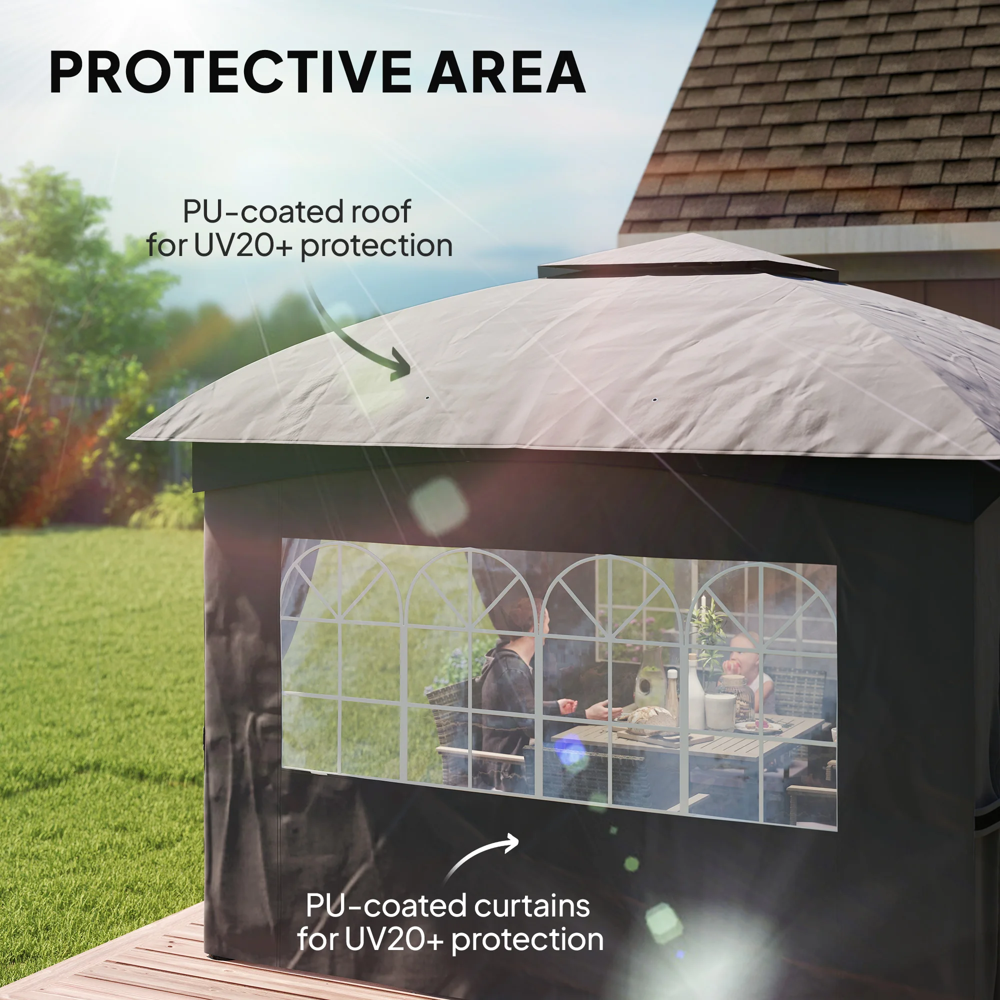 11' X 11' Outdoor Gazebo with Curtains, Church Windows Dark Gray