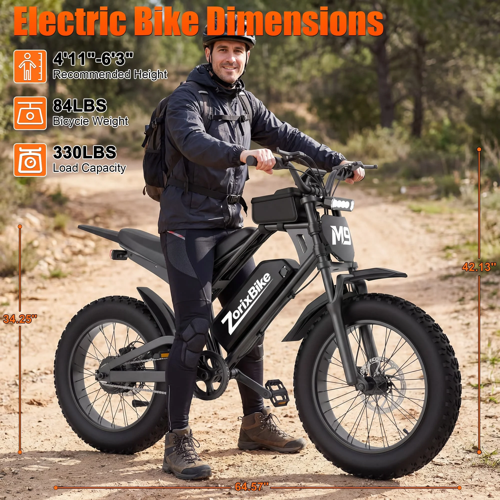 ZorixBike M9 Serie Electric Bike, NFC Unlock, 1500/3000W Peak Brushless Motor, 48V 13/20Ah, Max 31-35MPH, 30-70 Miles Range, 20' X 4.0' Fat Tire Ebike, UL 2849