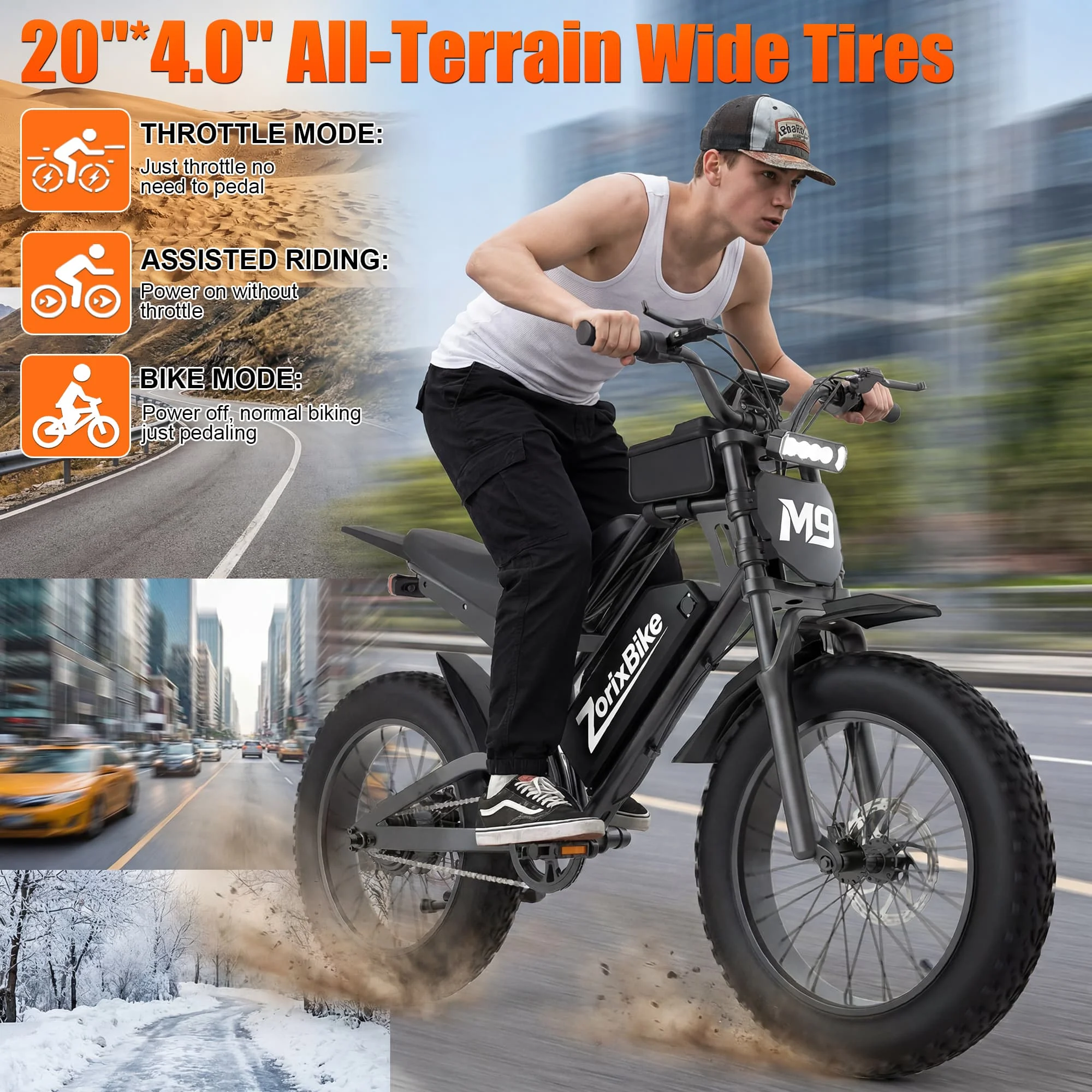 ZorixBike M9 Serie Electric Bike, NFC Unlock, 1500/3000W Peak Brushless Motor, 48V 13/20Ah, Max 31-35MPH, 30-70 Miles Range, 20' X 4.0' Fat Tire Ebike, UL 2849