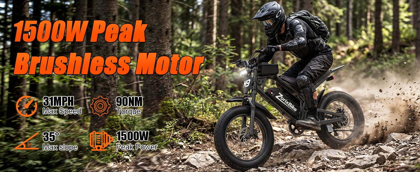 ZorixBike M9 Serie Electric Bike, NFC Unlock, 1500/3000W Peak Brushless Motor, 48V 13/20Ah, Max 31-35MPH, 30-70 Miles Range, 20' X 4.0' Fat Tire Ebike, UL 2849