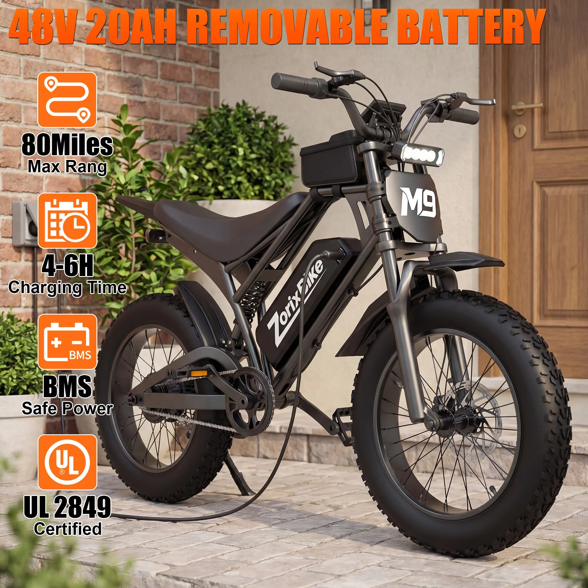 ZorixBike M9 Serie Electric Bike, NFC Unlock, 1500/3000W Peak Brushless Motor, 48V 13/20Ah, Max 31-35MPH, 30-70 Miles Range, 20' X 4.0' Fat Tire Ebike, UL 2849
