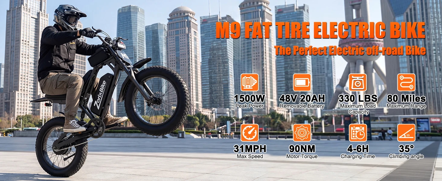 ZorixBike M9 Serie Electric Bike, NFC Unlock, 1500/3000W Peak Brushless Motor, 48V 13/20Ah, Max 31-35MPH, 30-70 Miles Range, 20' X 4.0' Fat Tire Ebike, UL 2849