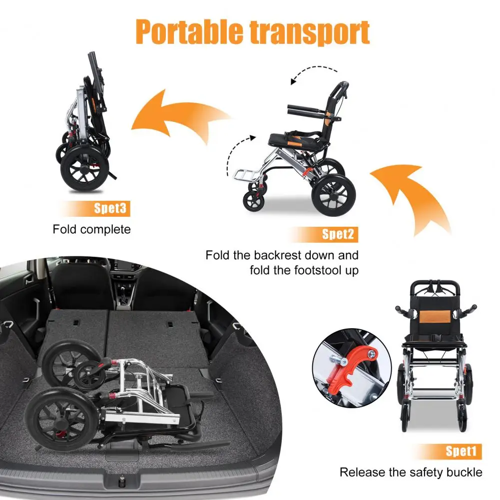 Lightweight Foldable Transport Wheelchair, 15.75-inch Seat Portable Transport Chair With Handbrake Travel Wheelchair