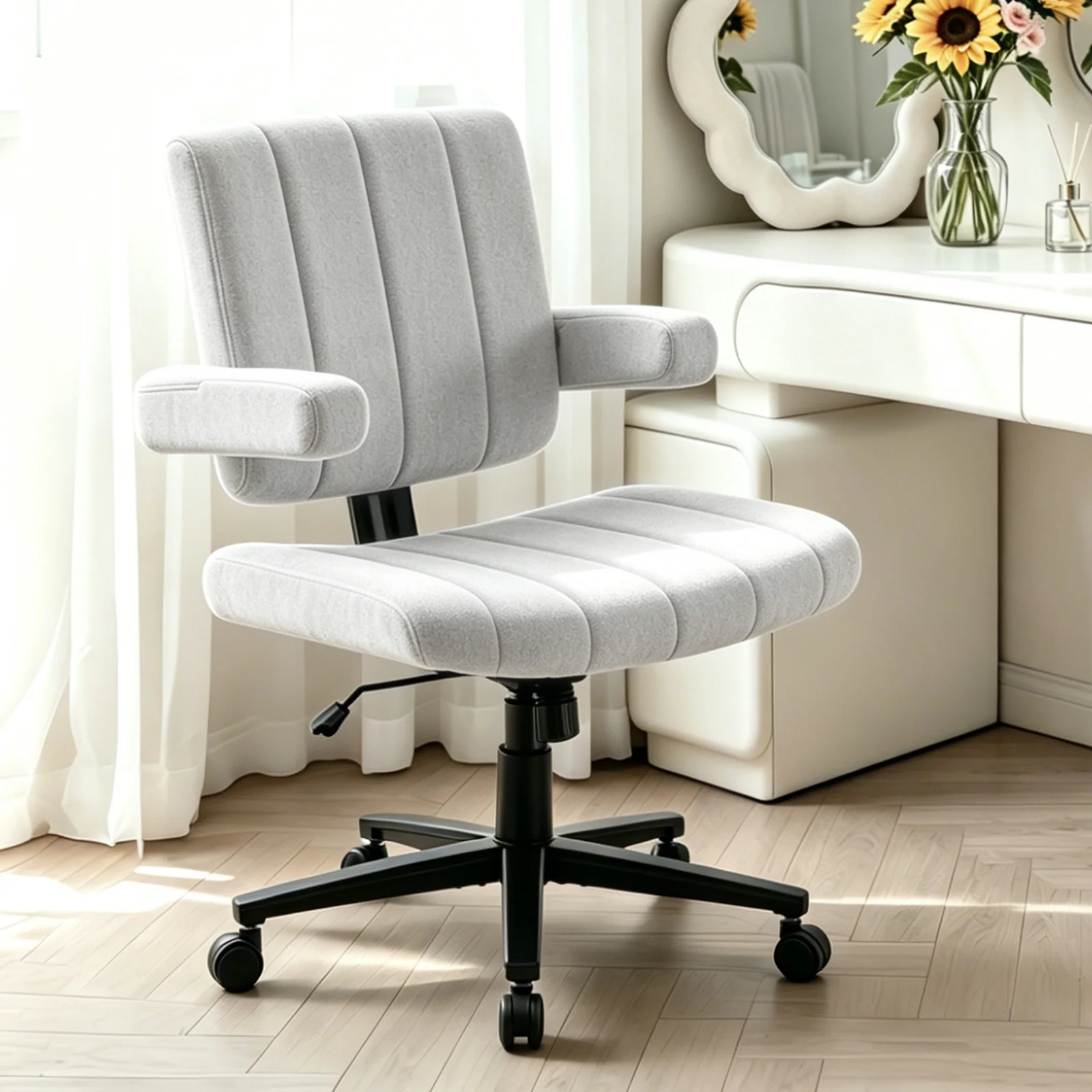 VIGOSIT Criss Cross Chair, Anti-Grip Fabric Comfort Cushion Modern Tailor Seat Chair for Office, Cute Vanity Swivel Chair with Back Modern Fabric with Wheels Swivel Task Home Gaming Chair