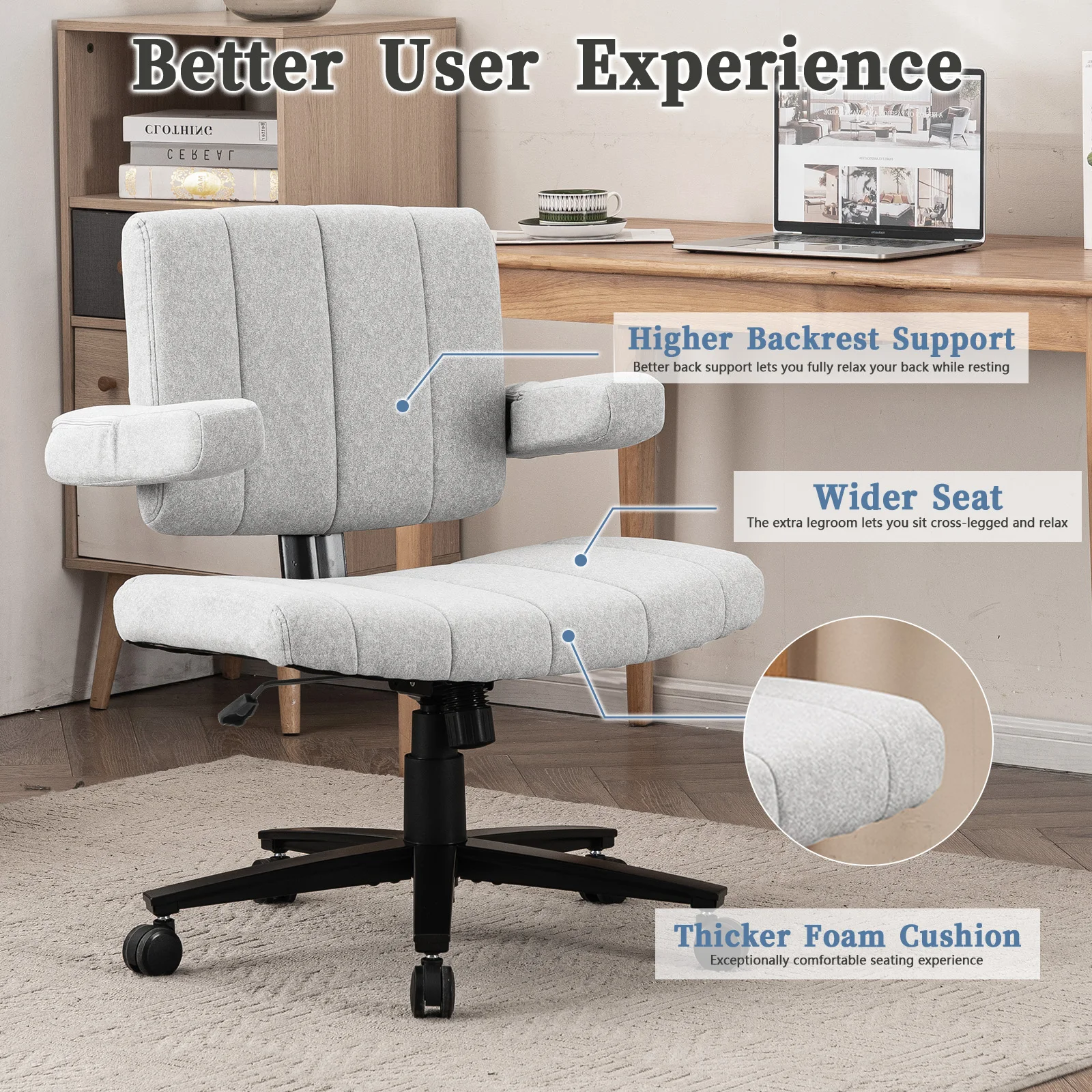 VIGOSIT Criss Cross Chair, Anti-Grip Fabric Comfort Cushion Modern Tailor Seat Chair for Office, Cute Vanity Swivel Chair with Back Modern Fabric with Wheels Swivel Task Home Gaming Chair