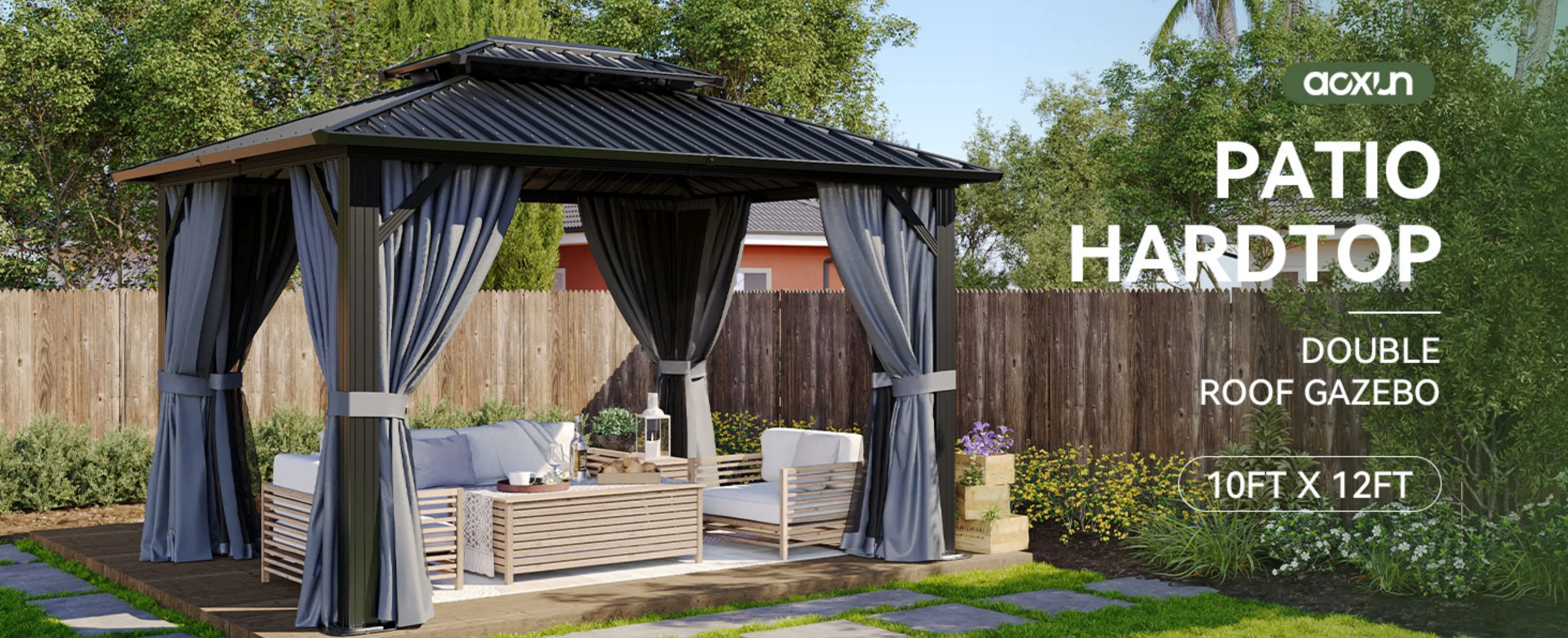 Aoxun 12x10ft Hardtop Gazebo Outdoor Pergola Canopy with Netting and Curtains Galvanized Steel Double Roof Metal Backyard Shelter Grey