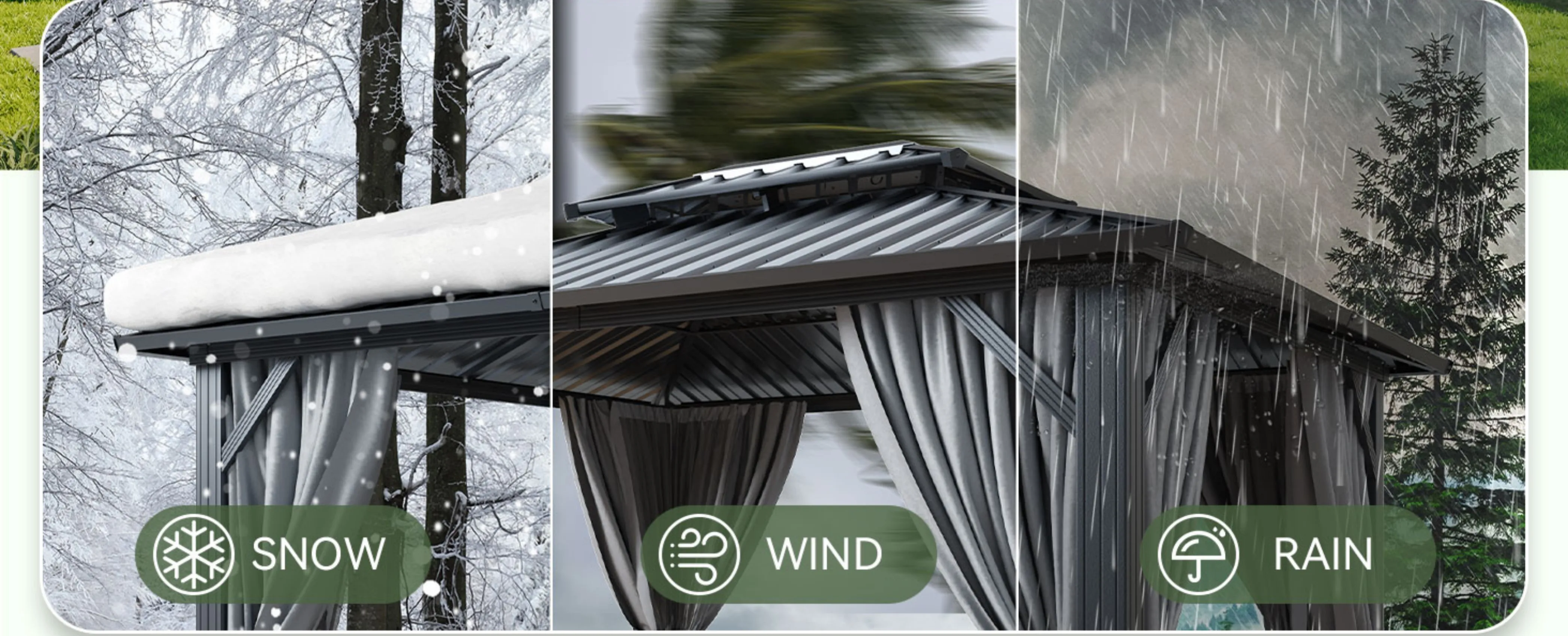 Aoxun 12x10ft Hardtop Gazebo Outdoor Pergola Canopy with Netting and Curtains Galvanized Steel Double Roof Metal Backyard Shelter Grey