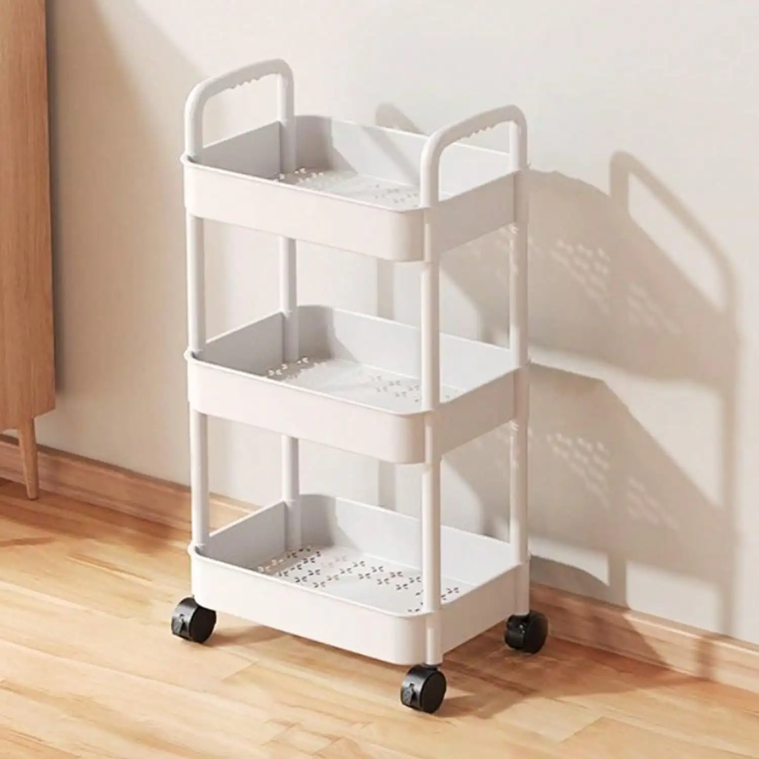 3-Tier Rolling Utility Cart with Removable Drawer, Mobile Storage Trolley with Perforated Shelves & Divided Baskets, Quick Assembly Space Saver for Kitchen, Bathroom, Office