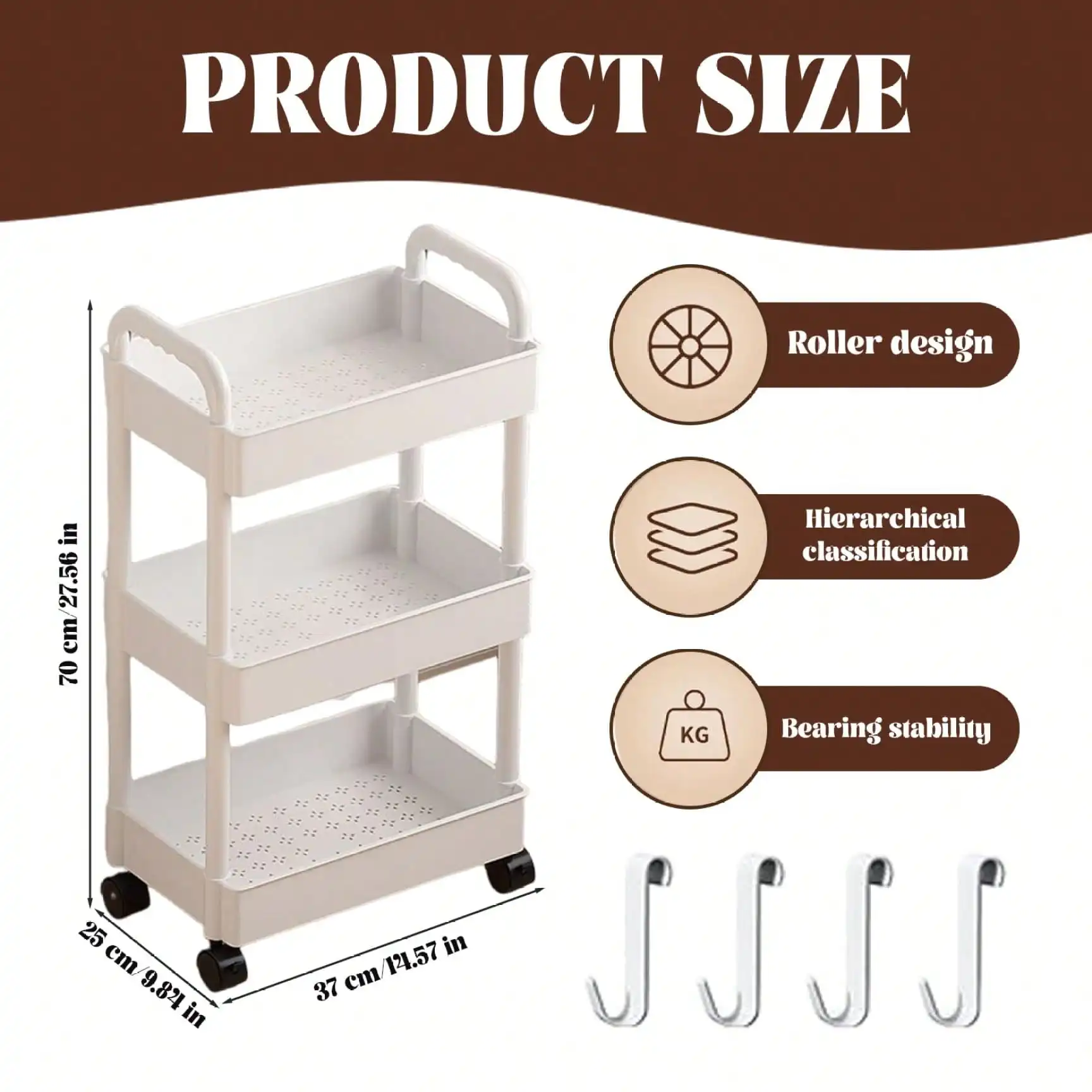 3-Tier Rolling Utility Cart with Removable Drawer, Mobile Storage Trolley with Perforated Shelves & Divided Baskets, Quick Assembly Space Saver for Kitchen, Bathroom, Office