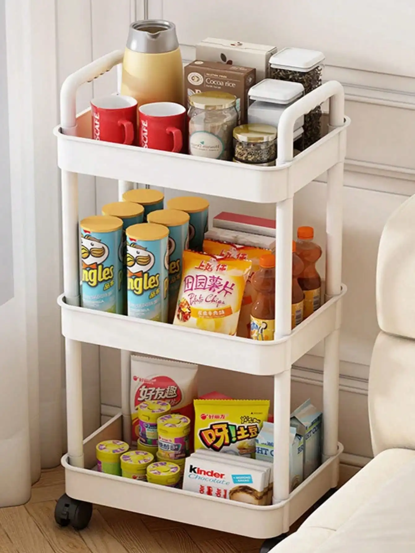 3-Tier Rolling Utility Cart with Removable Drawer, Mobile Storage Trolley with Perforated Shelves & Divided Baskets, Quick Assembly Space Saver for Kitchen, Bathroom, Office