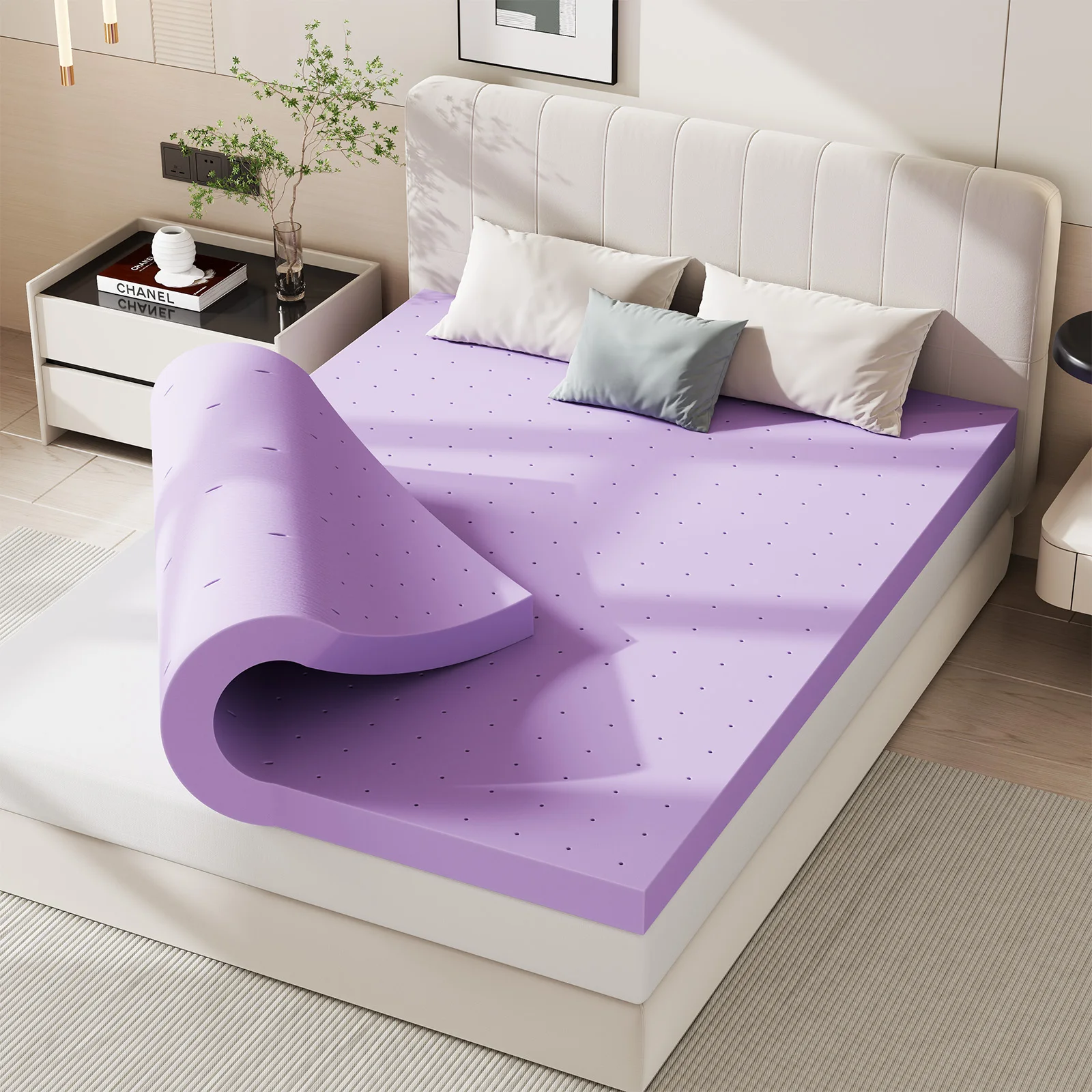JHK 2 Inch Cooling Memory Foam Mattress Topper CertiPUR-US Certified Purple Gel Ventilated Soft Pressure Relief Mattress Pad Breathable Bed Topper for Bedroom and Sleeper Sofa