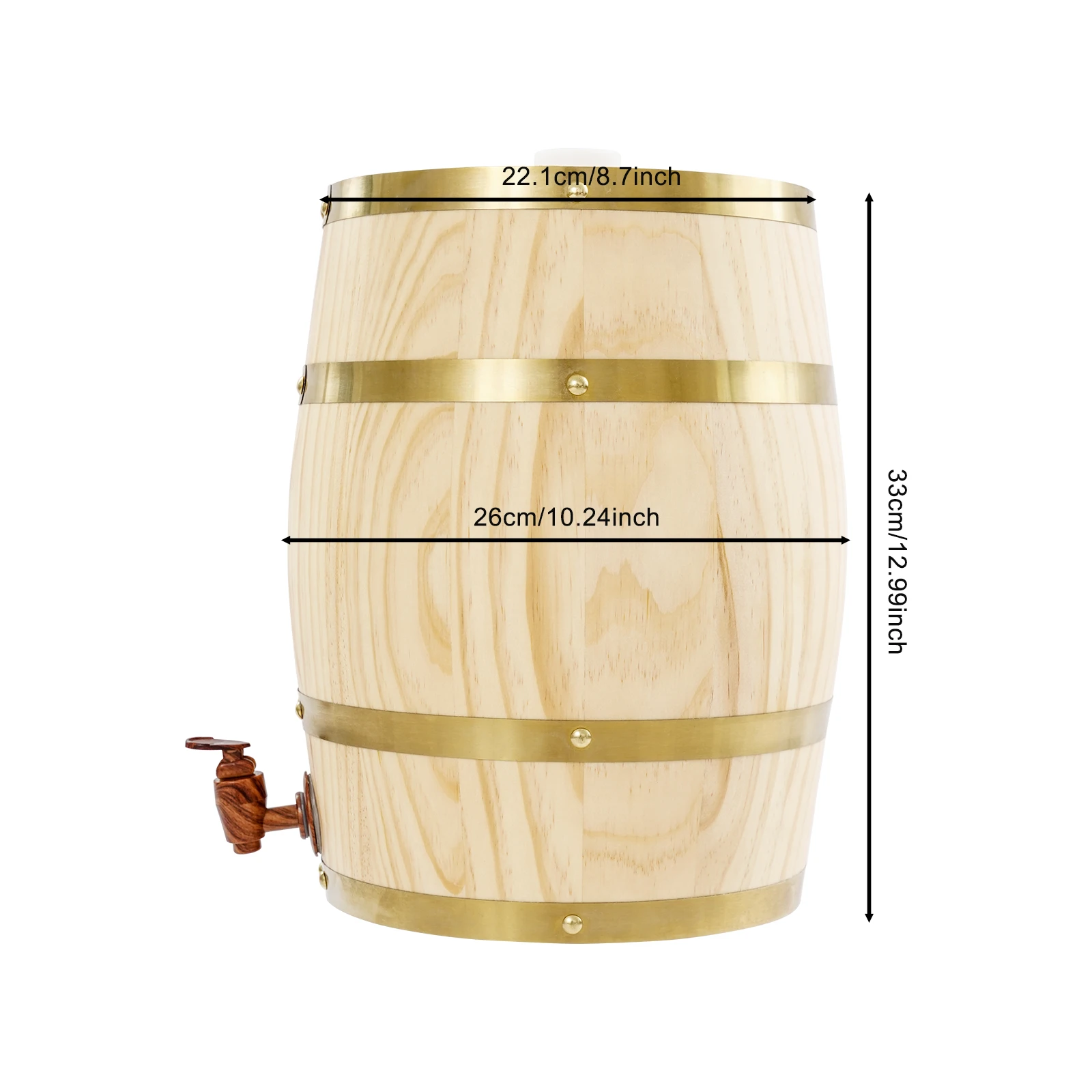 2.6Gal Pine Wood Wine Barrel – Metal Hoops – Aluminum Foil Lining – Faucet Tap – 66.14 lbs Capacity – 10.24"x12.99" – for Whiskey Bourbon Rum Brandy Home Aging Storage – Vintage Decor – Wood Color