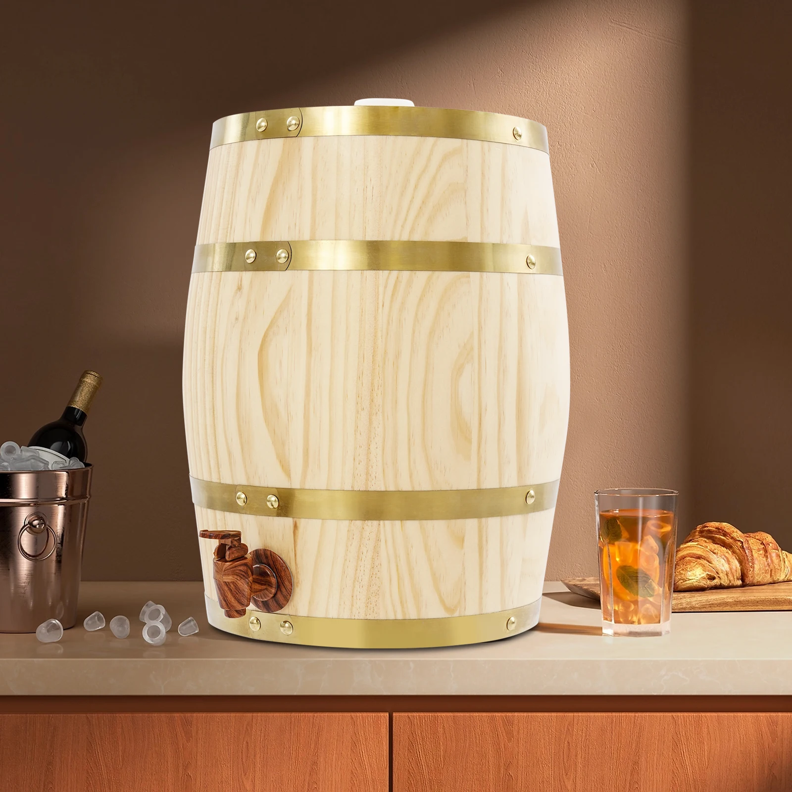 2.6Gal Pine Wood Wine Barrel – Metal Hoops – Aluminum Foil Lining – Faucet Tap – 66.14 lbs Capacity – 10.24"x12.99" – for Whiskey Bourbon Rum Brandy Home Aging Storage – Vintage Decor – Wood Color