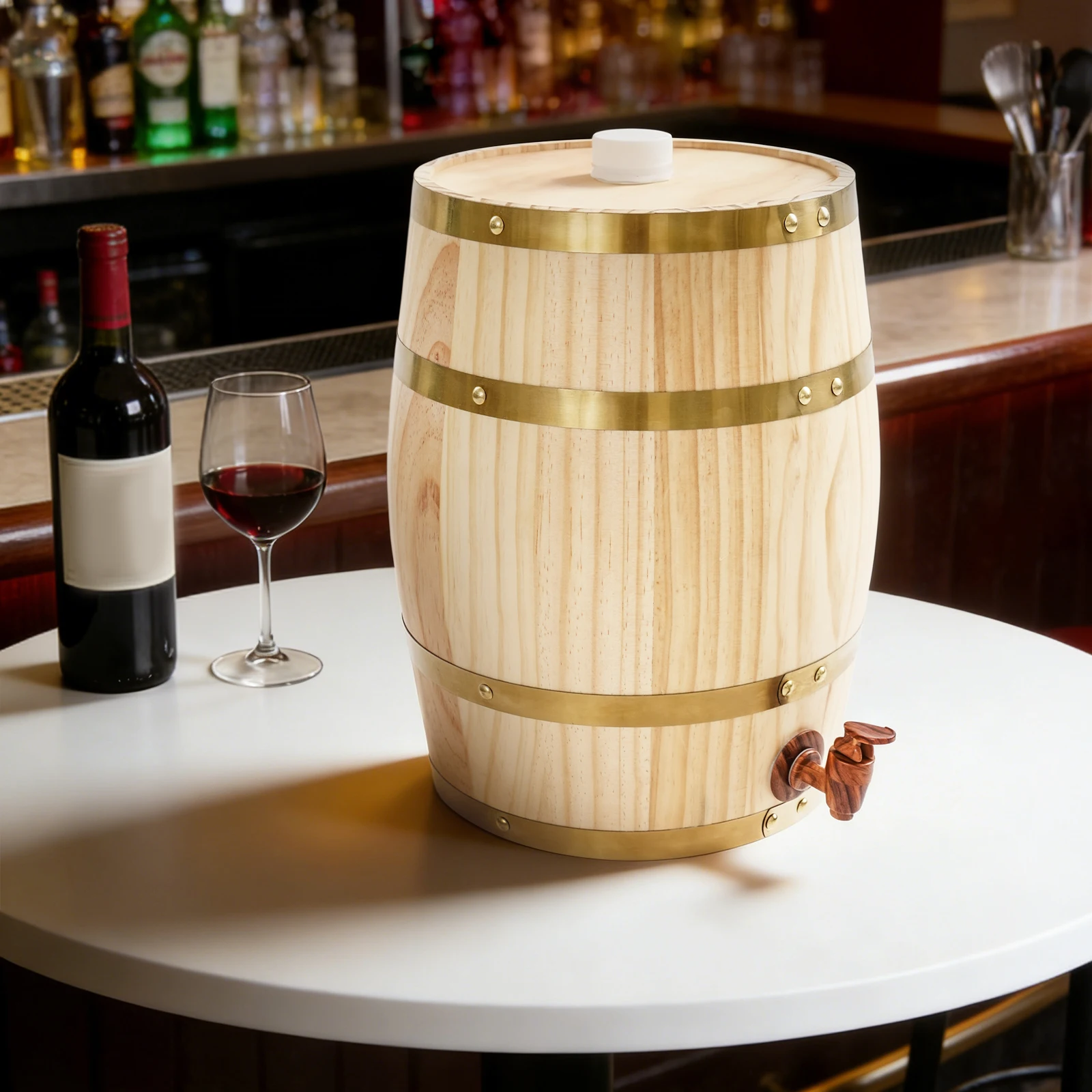 2.6Gal Pine Wood Wine Barrel – Metal Hoops – Aluminum Foil Lining – Faucet Tap – 66.14 lbs Capacity – 10.24"x12.99" – for Whiskey Bourbon Rum Brandy Home Aging Storage – Vintage Decor – Wood Color