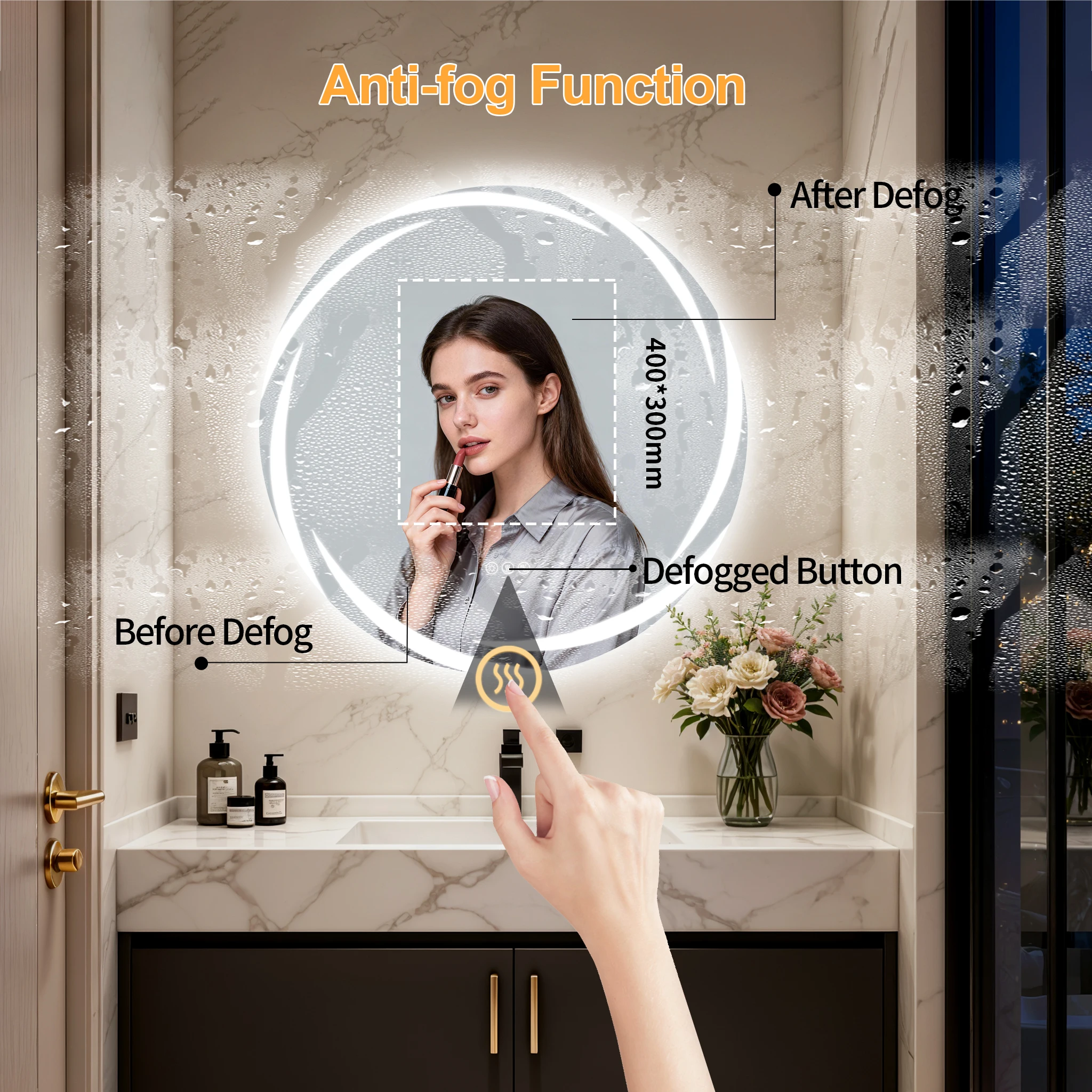 LED Bathroom Mirror Tempered Glass 32” Round Bluetooth Mirror with Double Speakers, 3 Color, Dimming, Defog, Memory Function