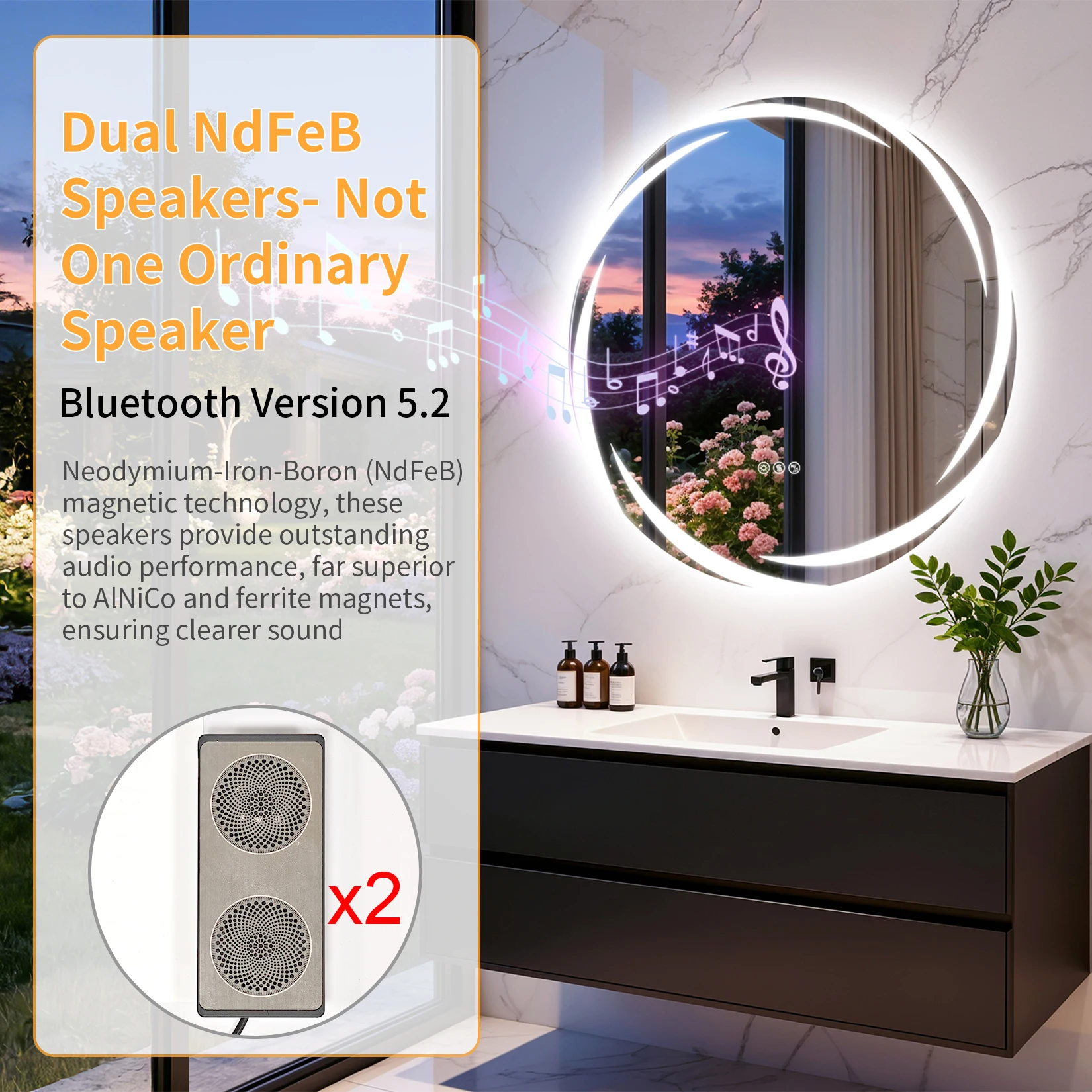 LED Bathroom Mirror Tempered Glass 32” Round Bluetooth Mirror with Double Speakers, 3 Color, Dimming, Defog, Memory Function