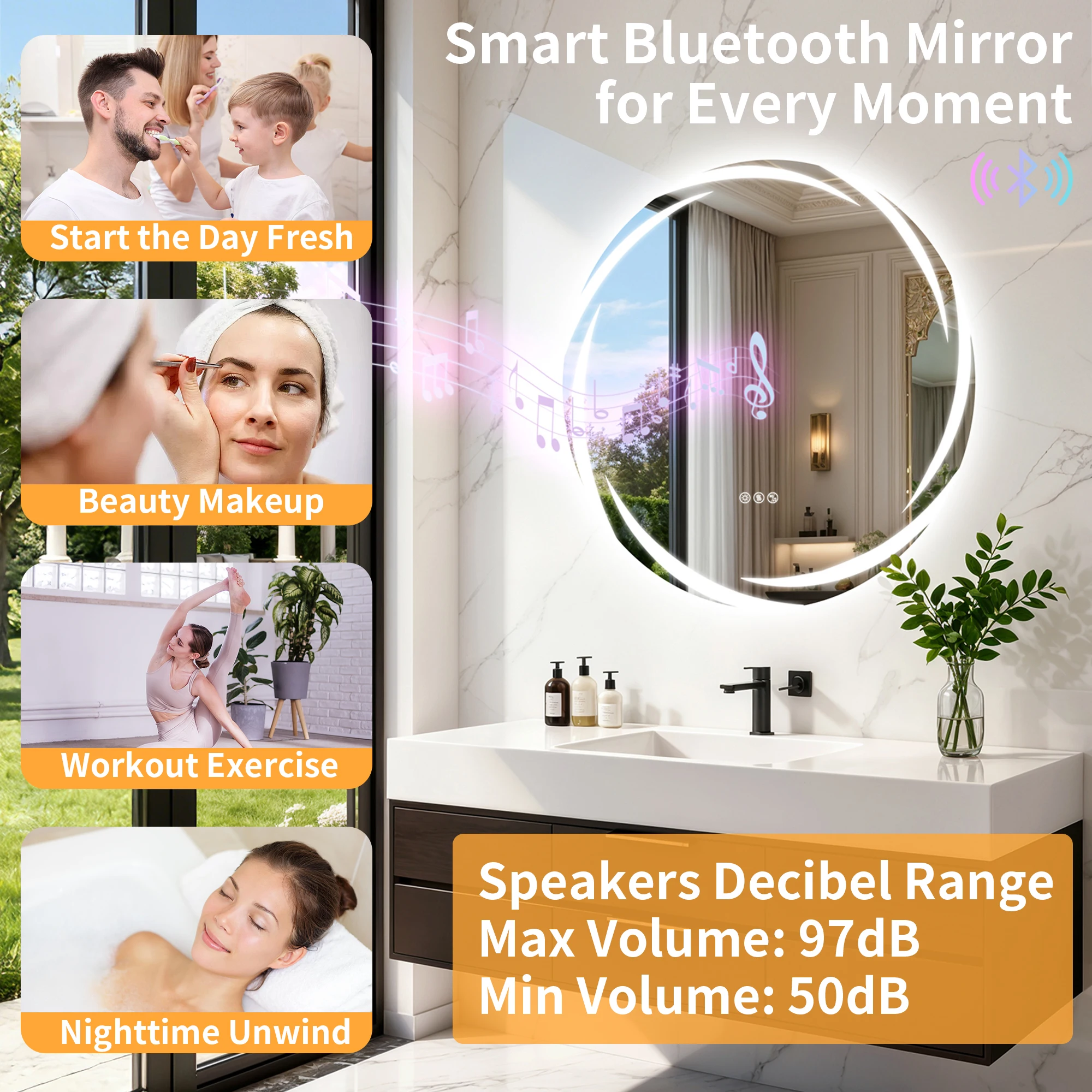 LED Bathroom Mirror Tempered Glass 32” Round Bluetooth Mirror with Double Speakers, 3 Color, Dimming, Defog, Memory Function