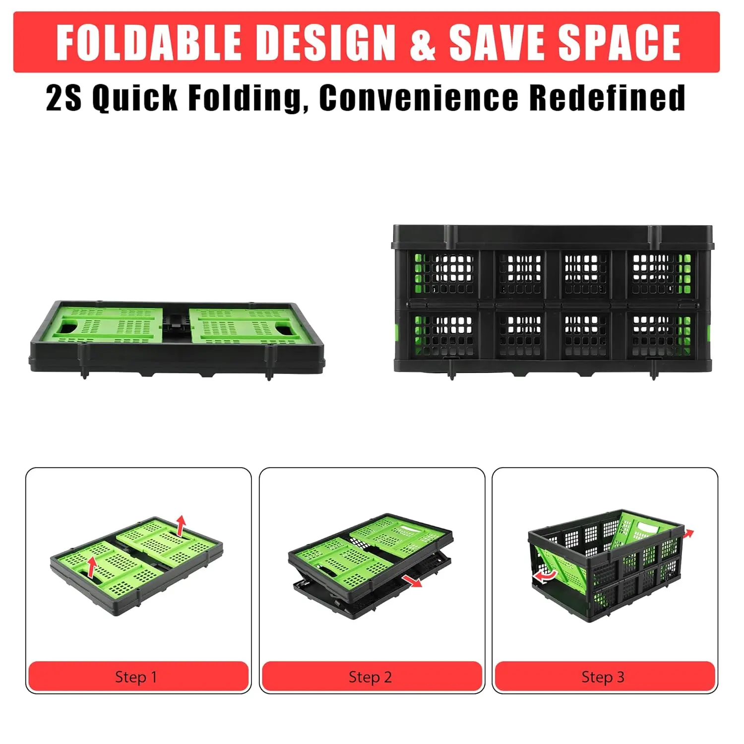 55L Collapsible Storage Crate-Foldable Milk Crate with Handles, Stackable Plastic Containers for Groceries, Camping & Car Storag