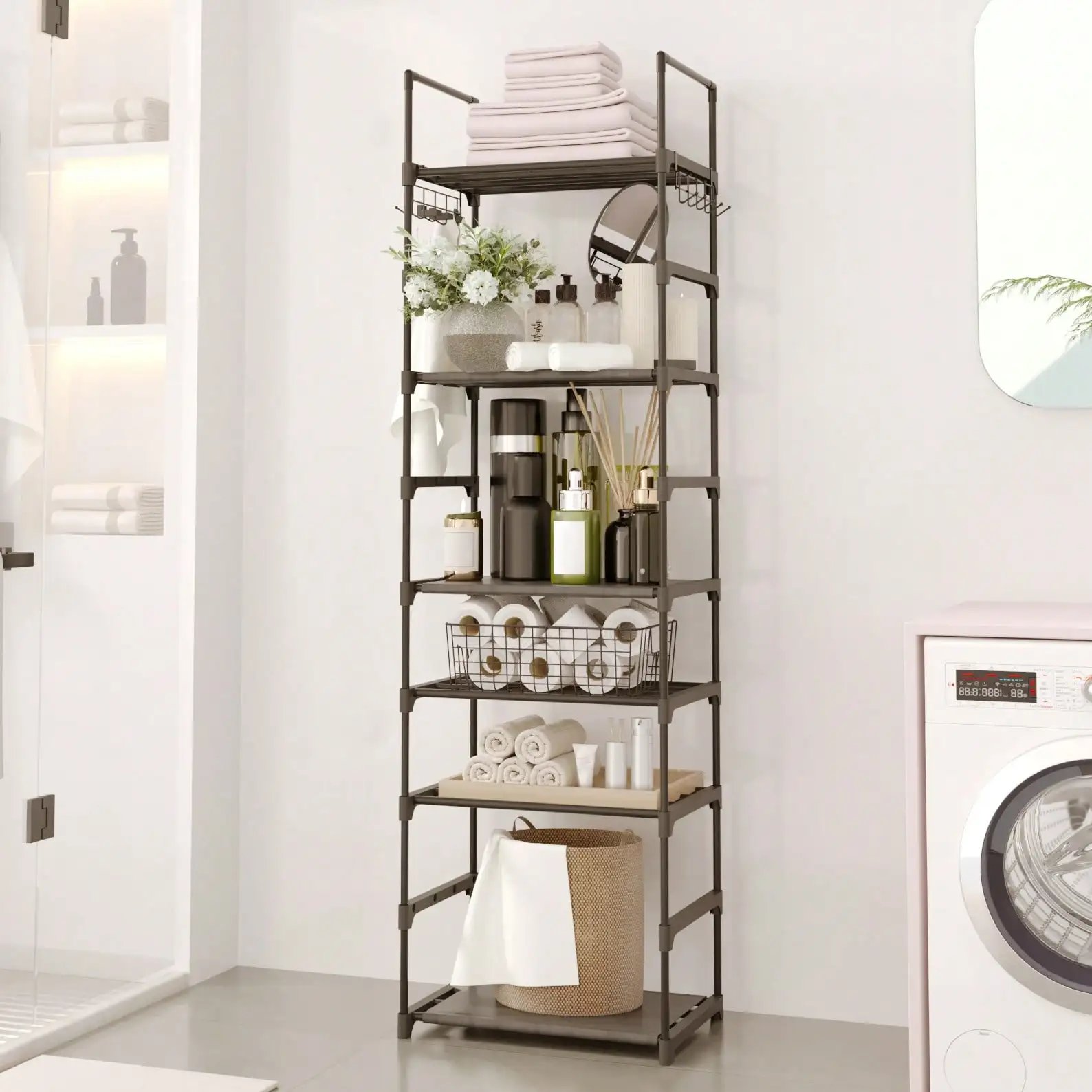 10-Tier Over Toilet Storage Rack, Adjustable Bathroom Organizer Cabinet with Space Saving Shelves, Freestanding Above Toilet Stand for Laundry Room Tissue Paper Holder