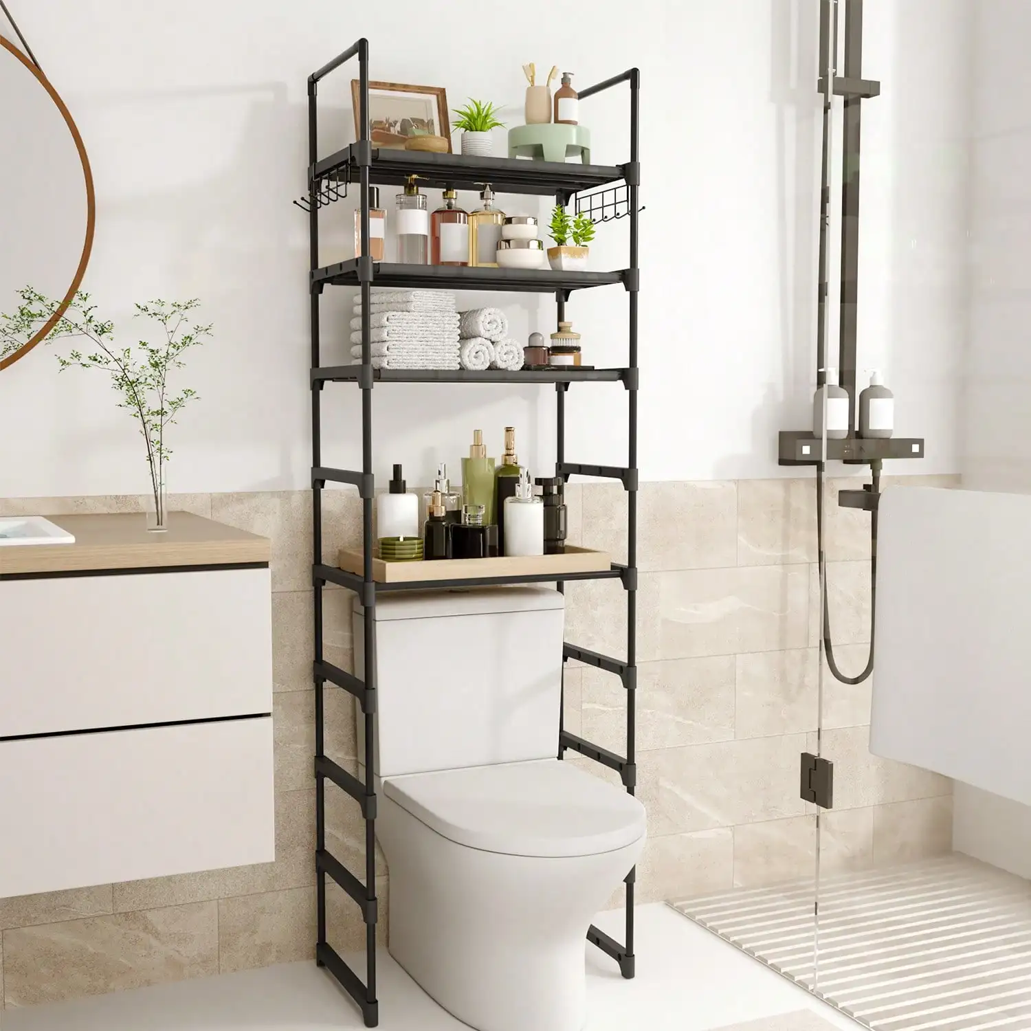 10-Tier Over Toilet Storage Rack, Adjustable Bathroom Organizer Cabinet with Space Saving Shelves, Freestanding Above Toilet Stand for Laundry Room Tissue Paper Holder