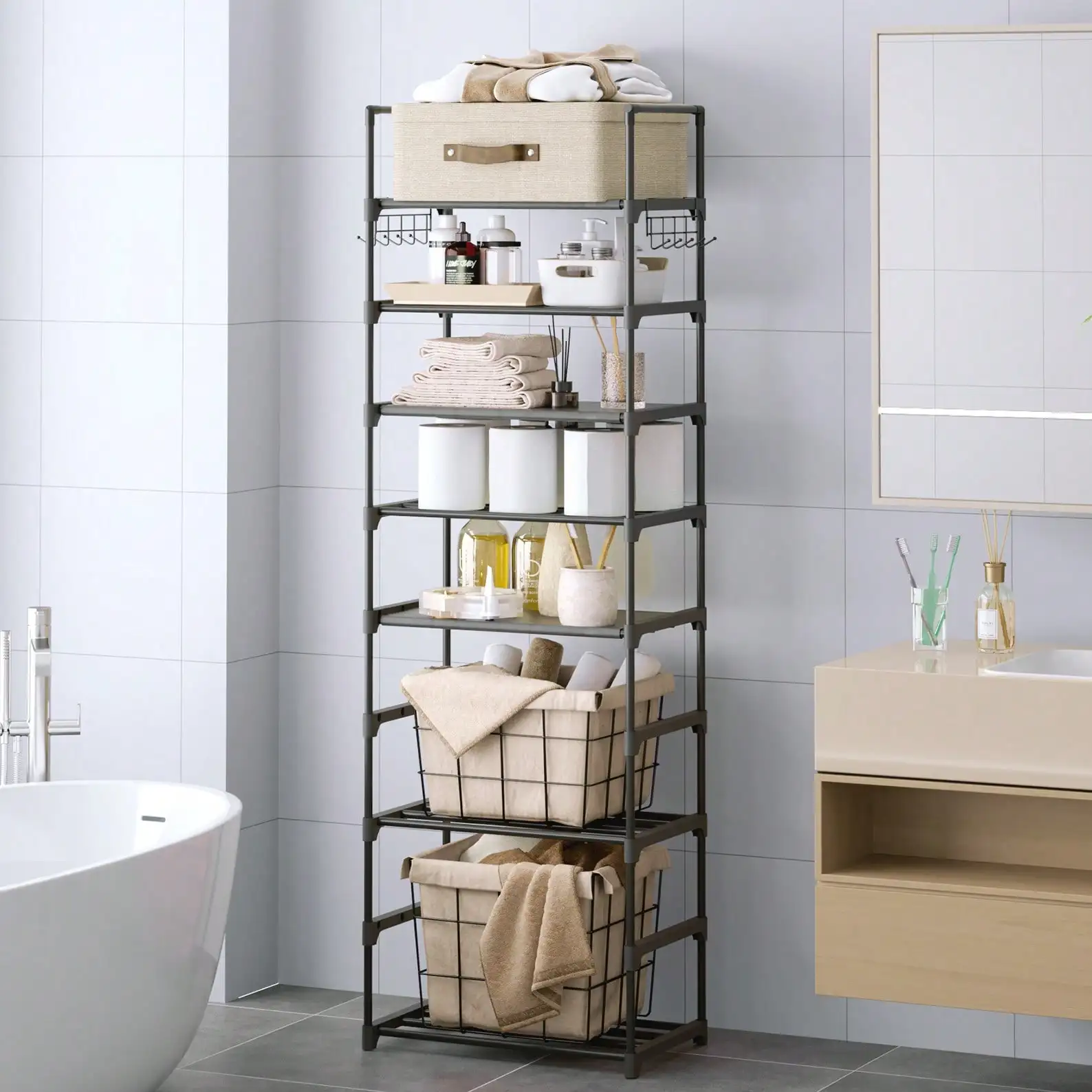 10-Tier Over Toilet Storage Rack, Adjustable Bathroom Organizer Cabinet with Space Saving Shelves, Freestanding Above Toilet Stand for Laundry Room Tissue Paper Holder