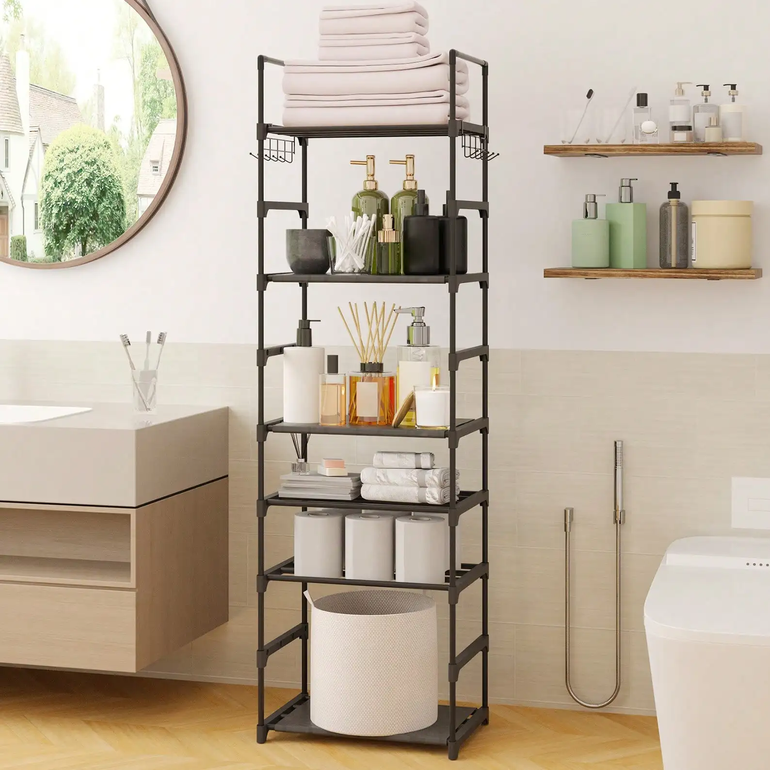 10-Tier Over Toilet Storage Rack, Adjustable Bathroom Organizer Cabinet with Space Saving Shelves, Freestanding Above Toilet Stand for Laundry Room Tissue Paper Holder