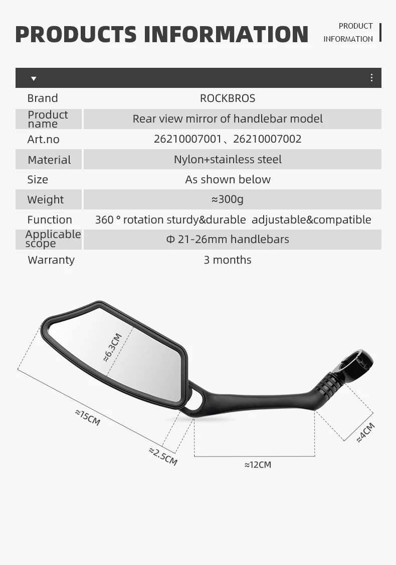 ROCKBROS Bicycle Mirror Handlebar Rear View Stainless Steel Reflector Universal Wide-Range 360° Adjustable Mirror Bike Accessory