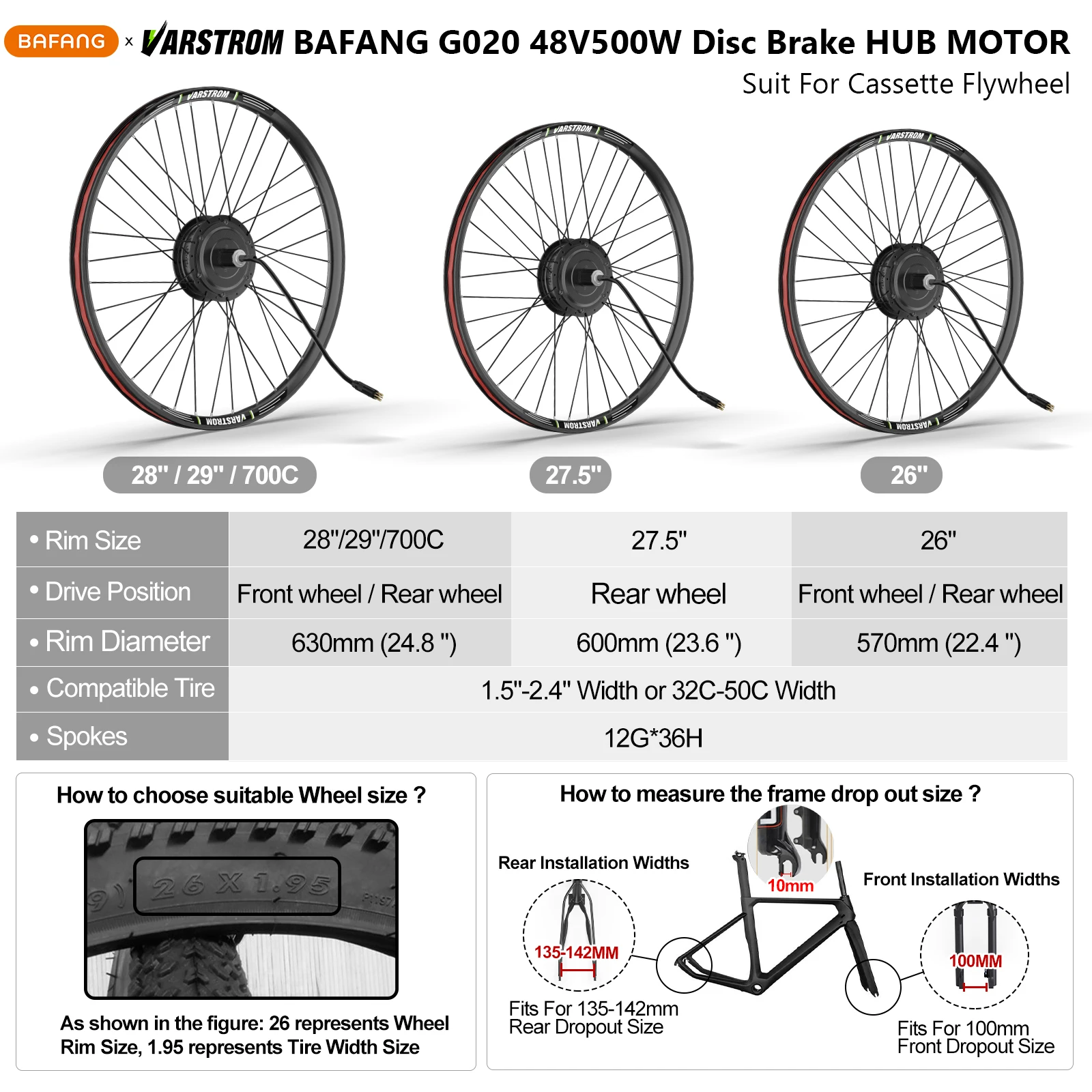 [US Sale] Bafang Rear Motor 48V 500W 750W 1000W Varstrom Wheel Hub Drive 26 Inch 20/27.5/28/29/700C Disc/V-Brake Cassette Rear Drop Out 132-142m