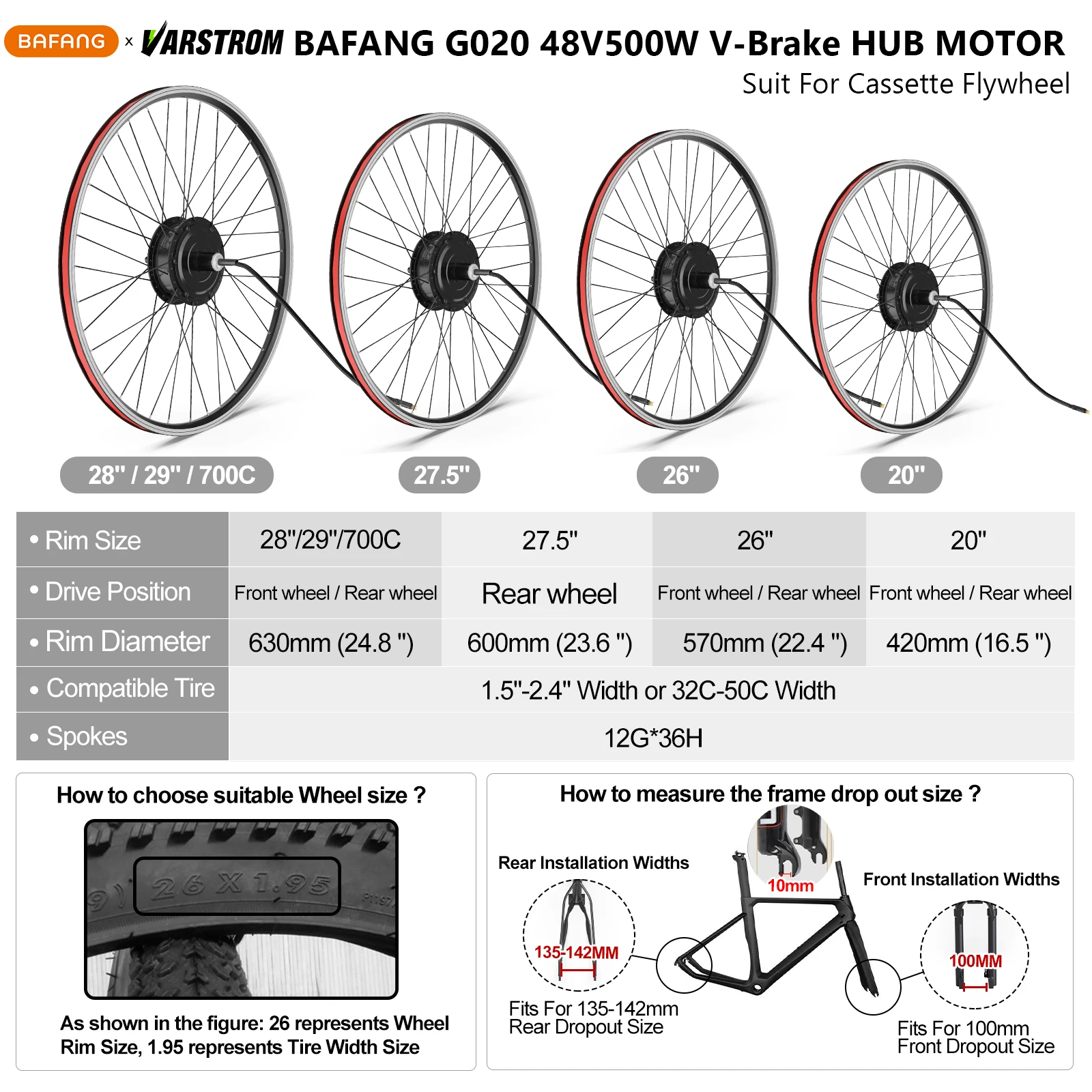 [US Sale] Bafang Rear Motor 48V 500W 750W 1000W Varstrom Wheel Hub Drive 26 Inch 20/27.5/28/29/700C Disc/V-Brake Cassette Rear Drop Out 132-142m