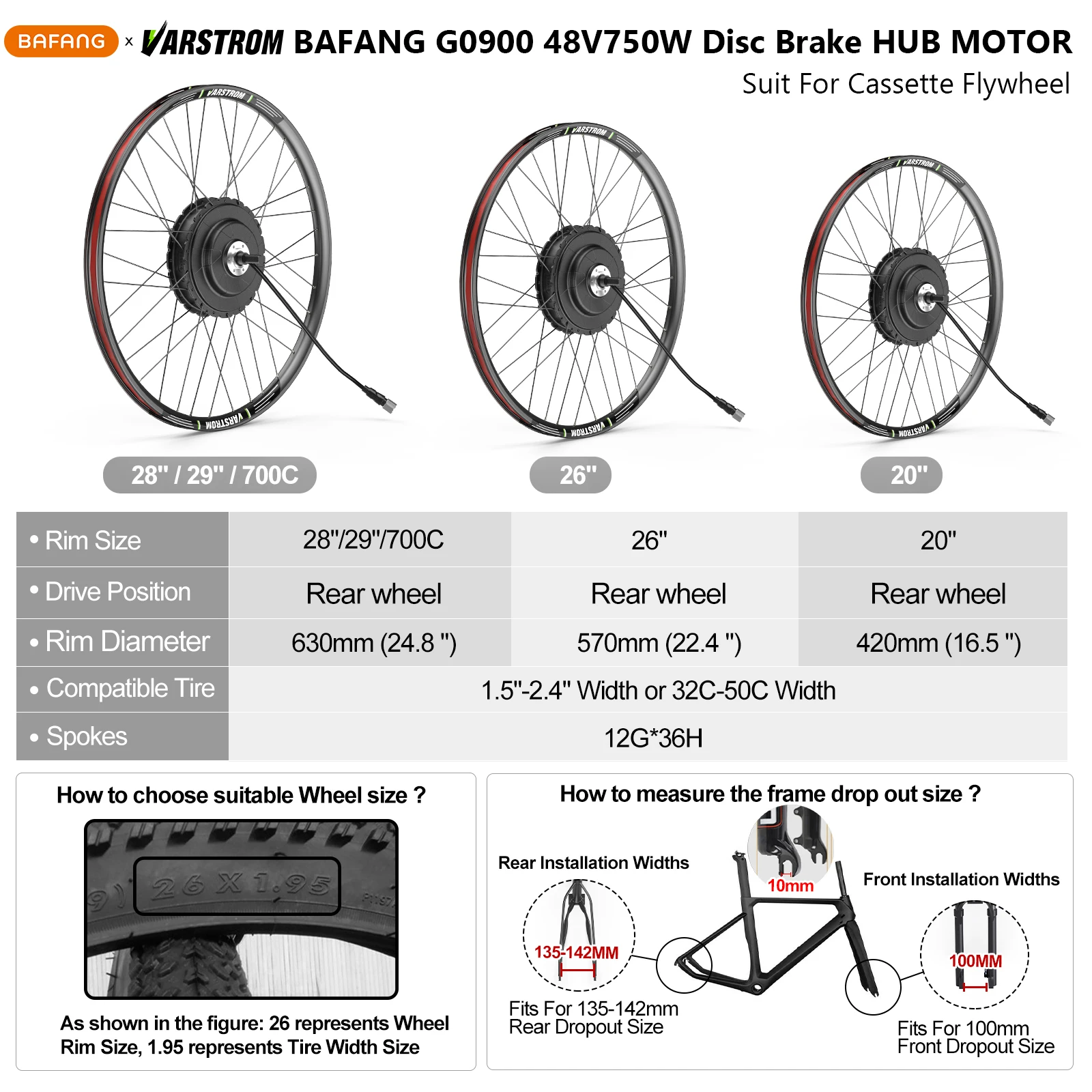 [US Sale] Bafang Rear Motor 48V 500W 750W 1000W Varstrom Wheel Hub Drive 26 Inch 20/27.5/28/29/700C Disc/V-Brake Cassette Rear Drop Out 132-142m