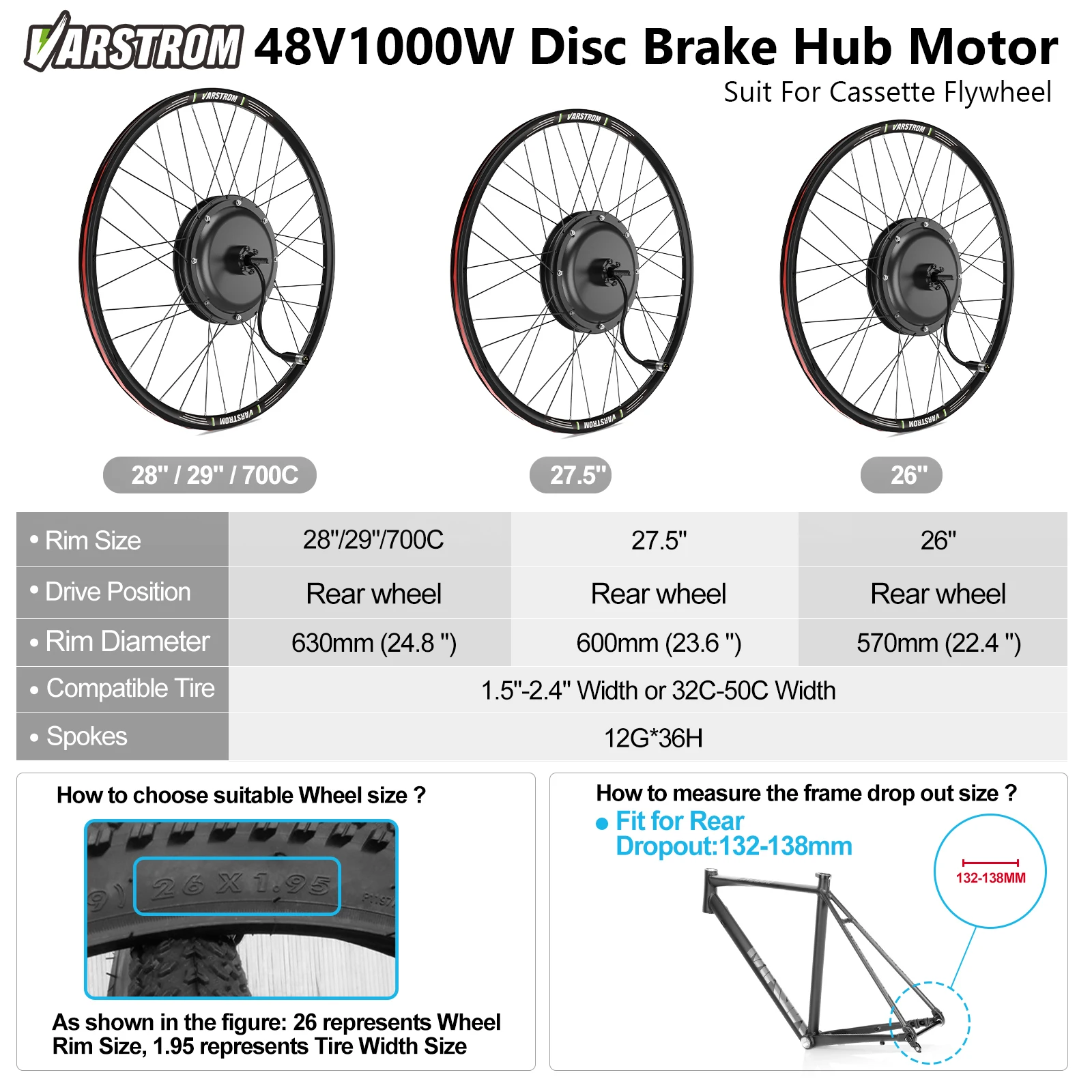 [US Sale] Bafang Rear Motor 48V 500W 750W 1000W Varstrom Wheel Hub Drive 26 Inch 20/27.5/28/29/700C Disc/V-Brake Cassette Rear Drop Out 132-142m